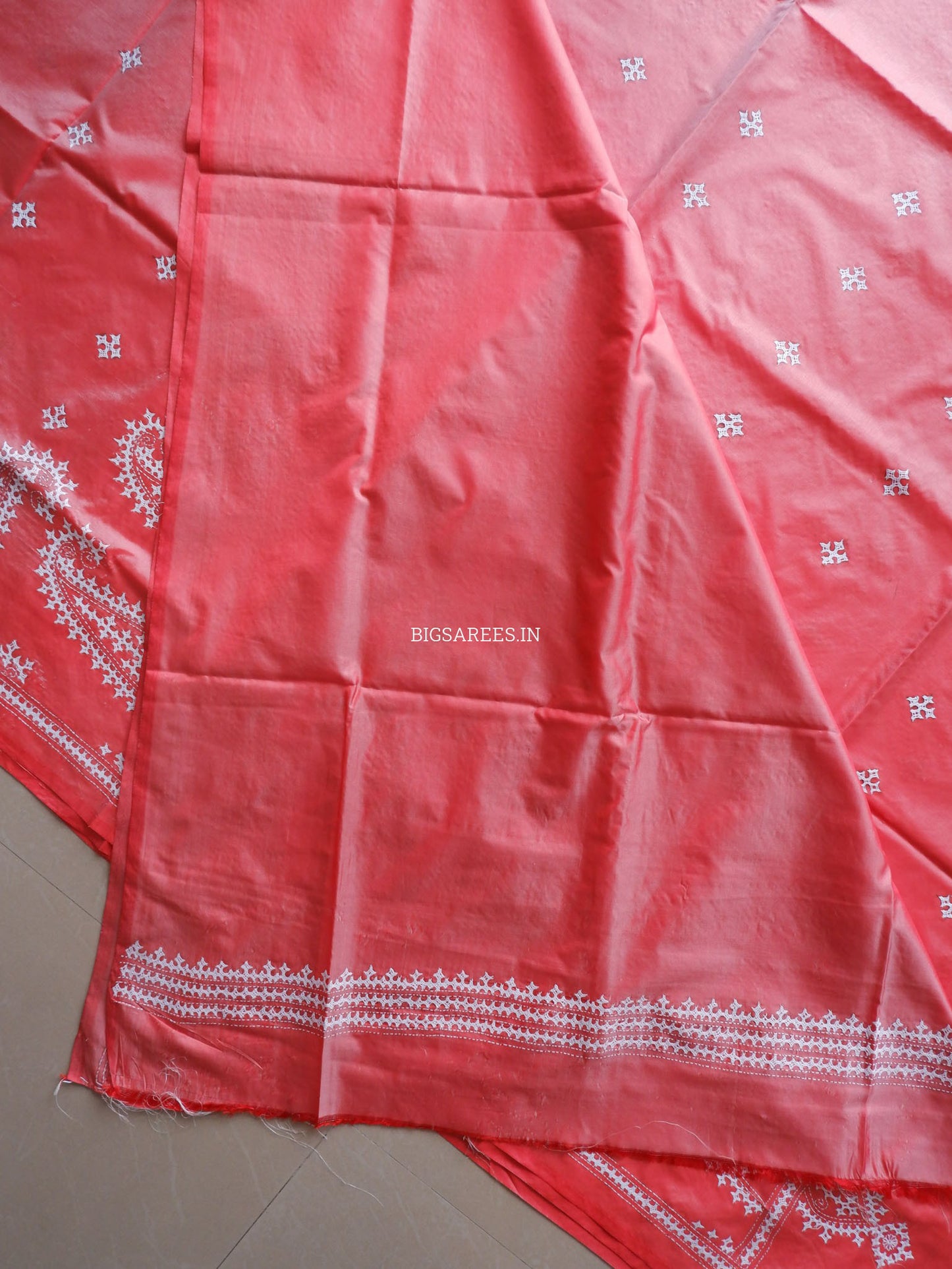 Kutchi/Gujarati Hand Embroidered Saree  | Blended Bangalore Silk / Art Silk | Cherry Pink (Dual Tone)