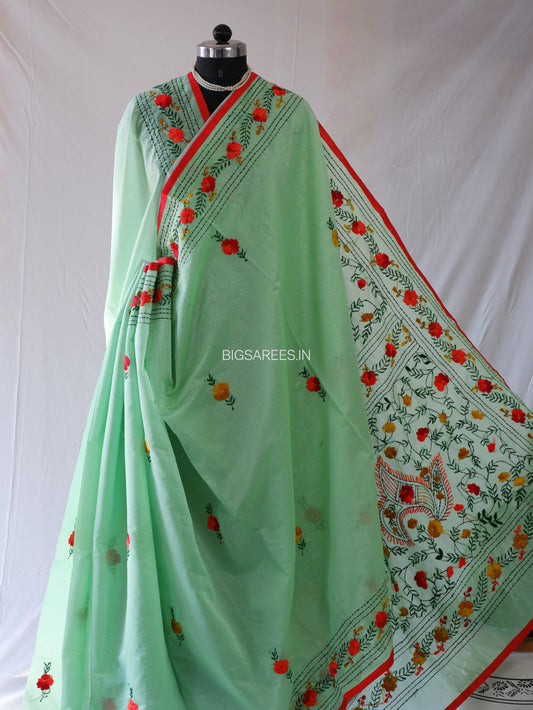 Phulkari Hand-Embroidered Saree | Chanderi Silk | Mint Green
