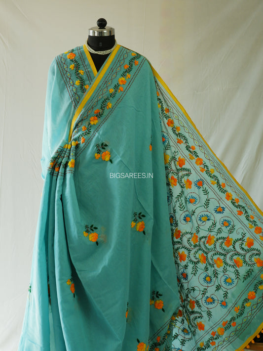 Phulkari Hand-Embroidered Saree | Chanderi Silk | Blue Green