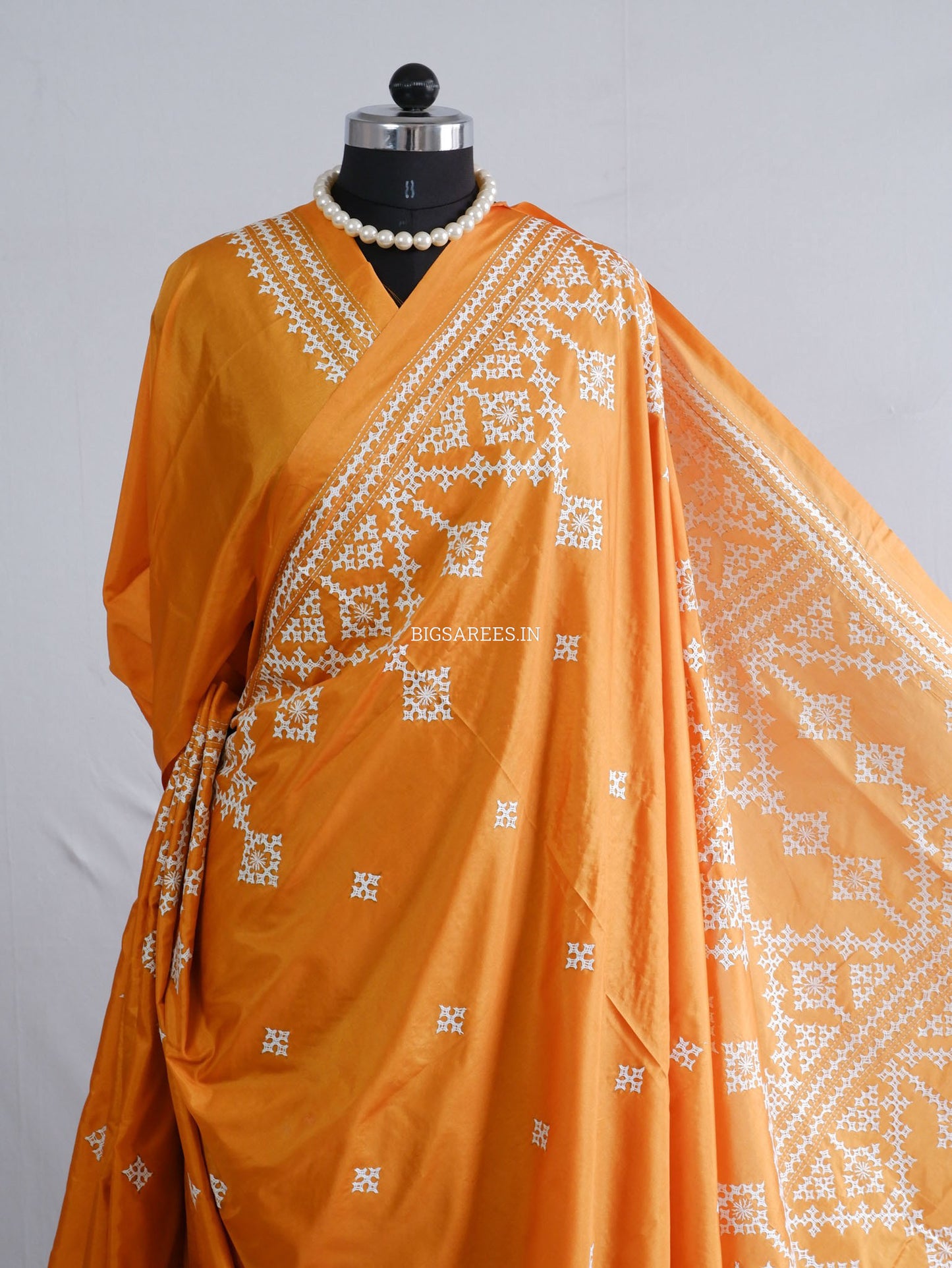 Kutchi/Gujarati Hand Embroidered Saree  | Blended Bangalore Silk / Art Silk | Orange