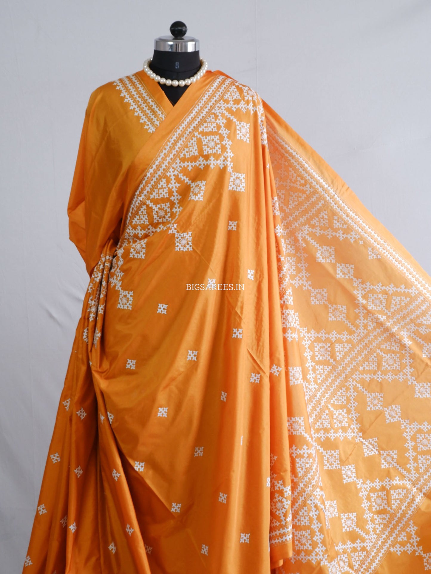 Kutchi/Gujarati Hand Embroidered Saree  | Blended Bangalore Silk / Art Silk | Orange