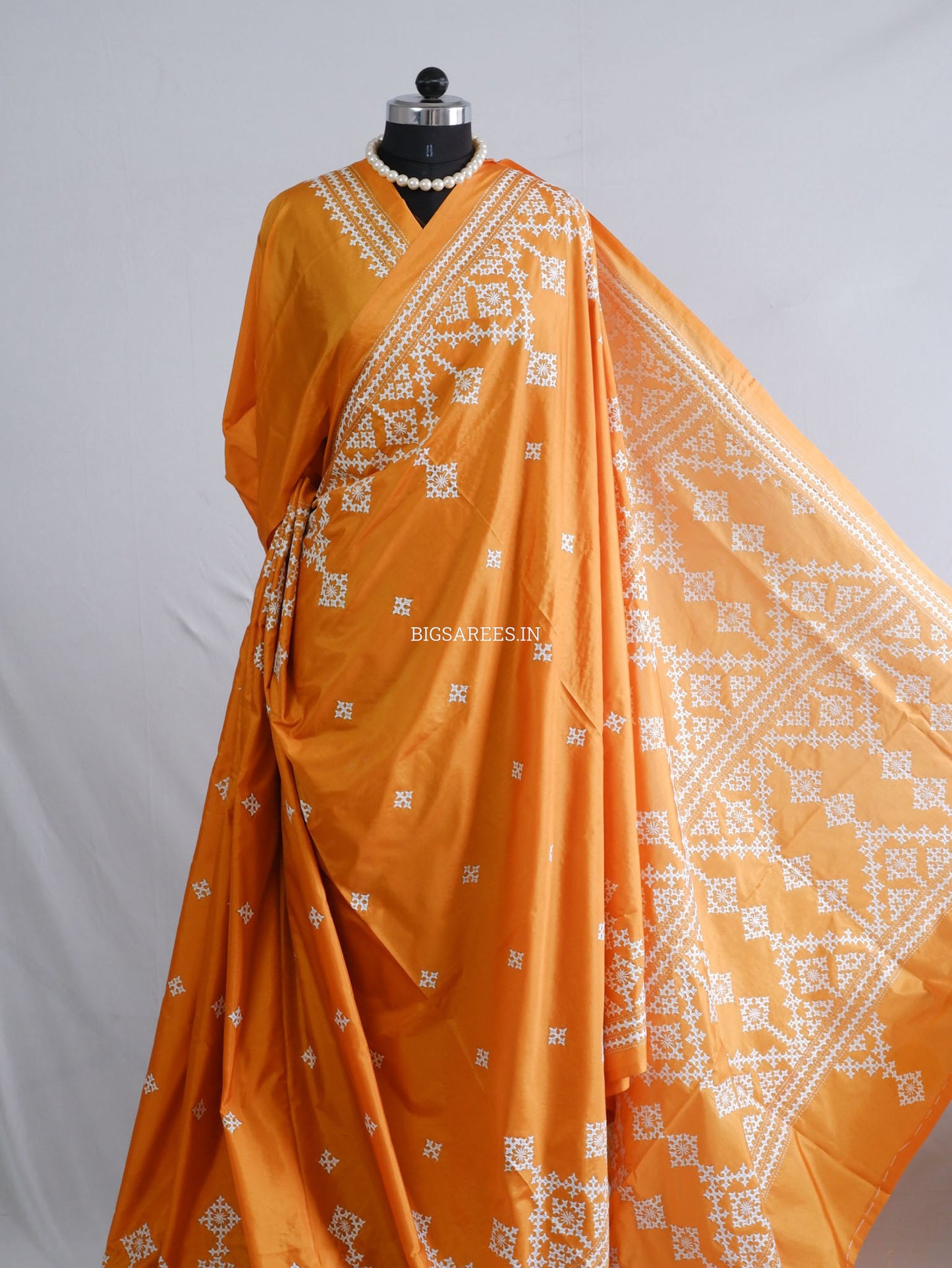 Kutchi/Gujarati Hand Embroidered Saree  | Blended Bangalore Silk / Art Silk | Orange