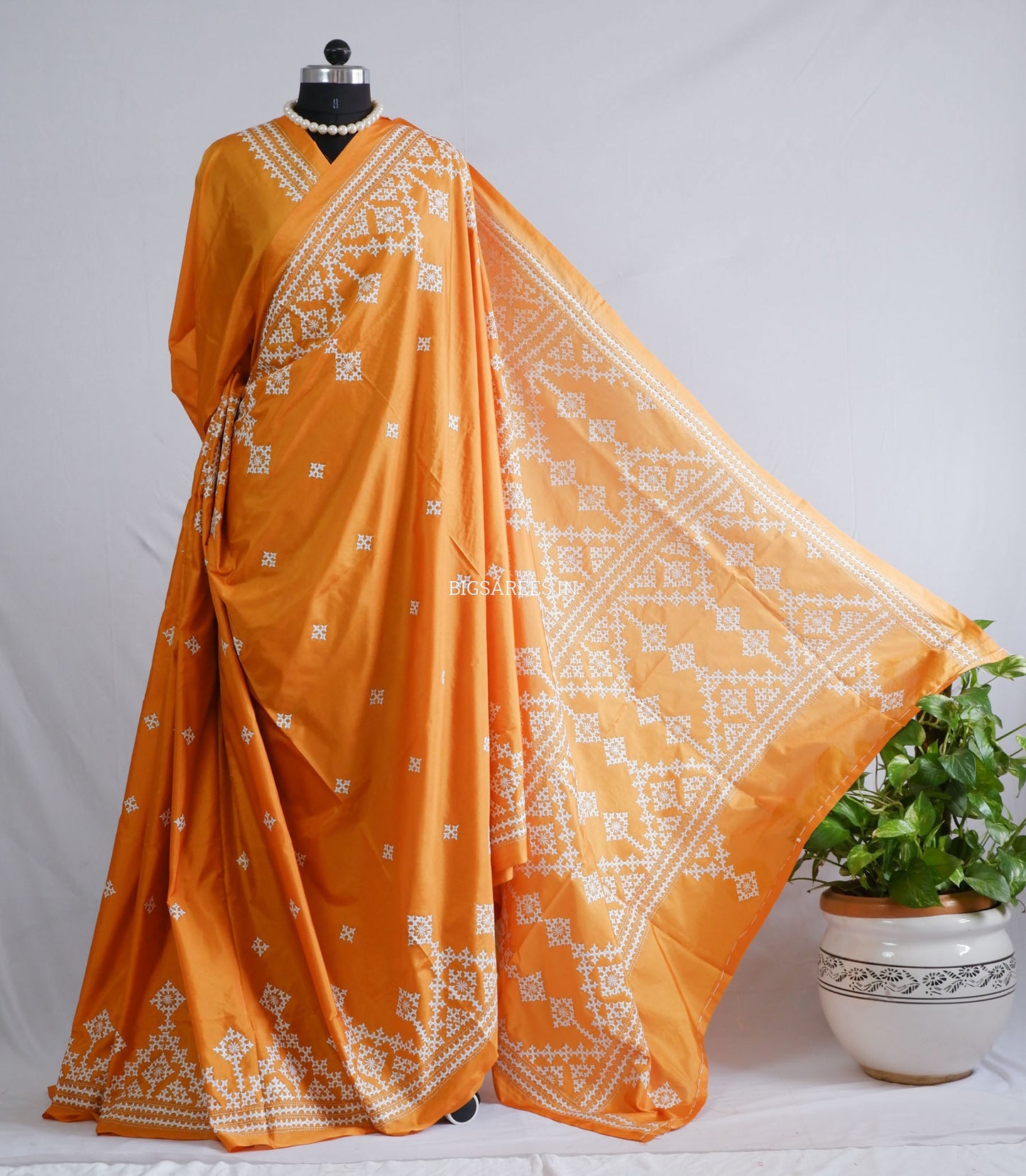 Kutchi/Gujarati Hand Embroidered Saree  | Blended Bangalore Silk / Art Silk | Orange