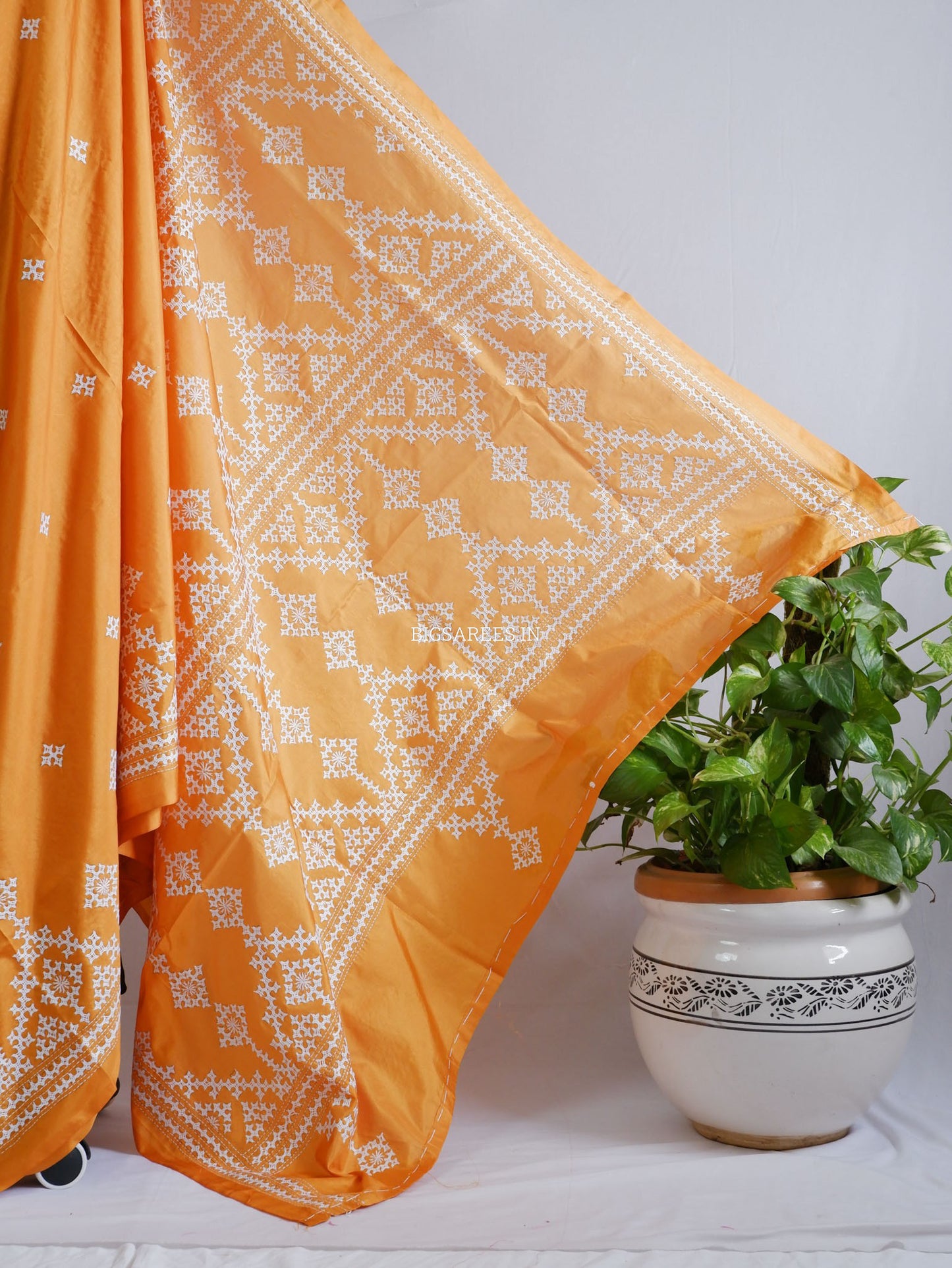 Kutchi/Gujarati Hand Embroidered Saree  | Blended Bangalore Silk / Art Silk | Orange
