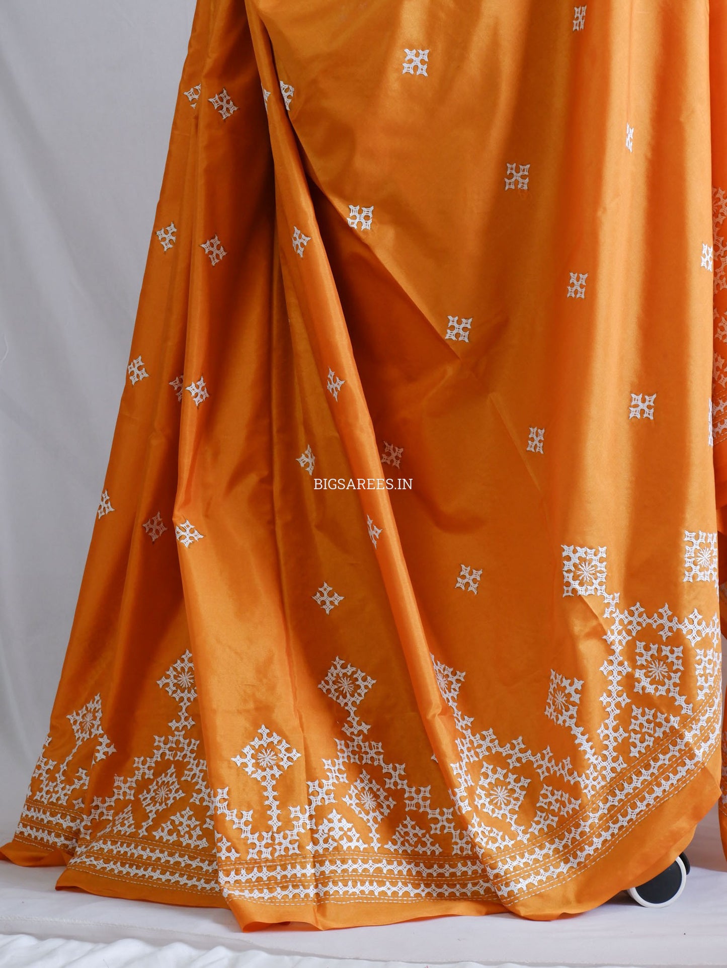 Kutchi/Gujarati Hand Embroidered Saree  | Blended Bangalore Silk / Art Silk | Orange