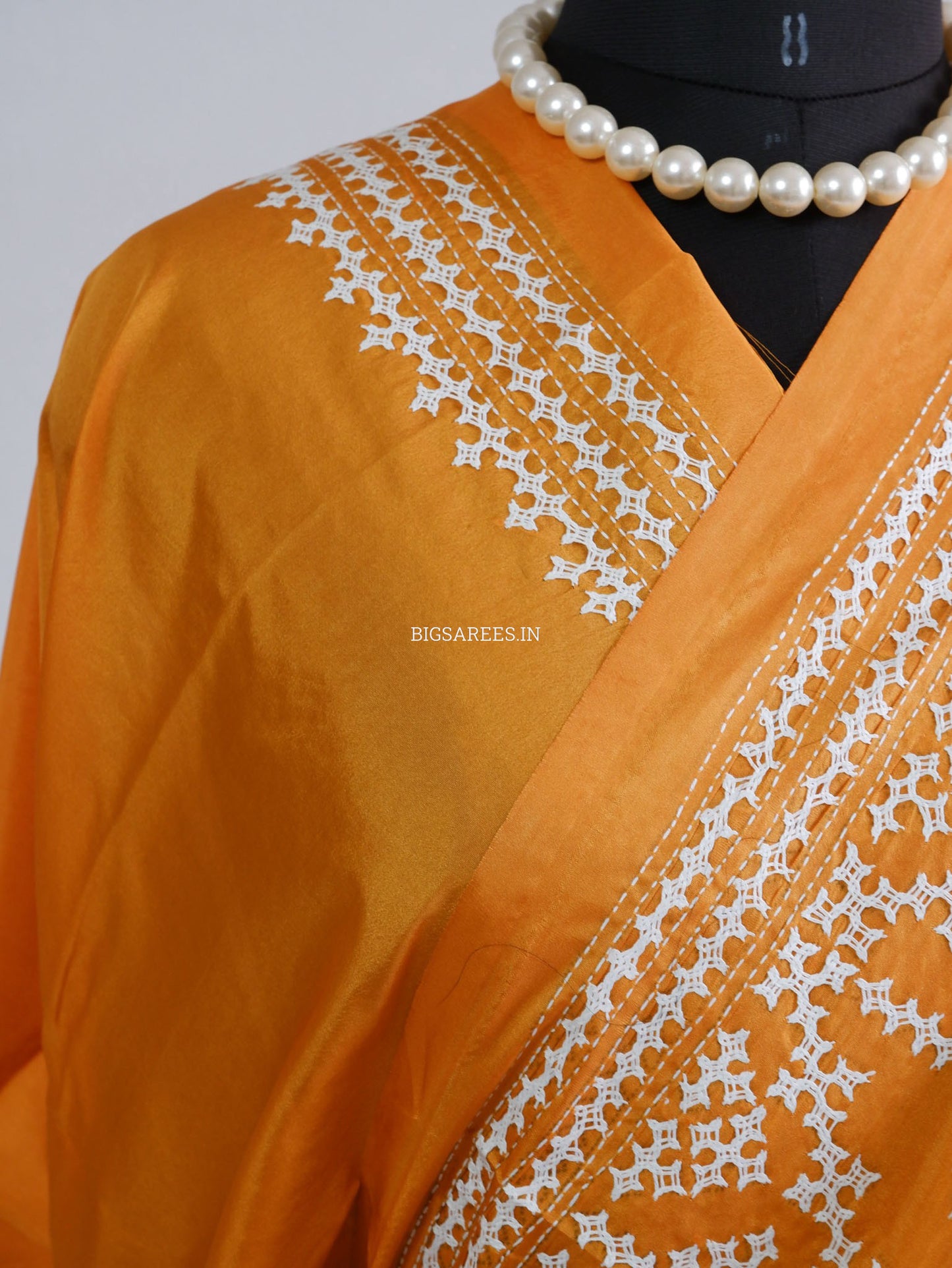 Kutchi/Gujarati Hand Embroidered Saree  | Blended Bangalore Silk / Art Silk | Orange