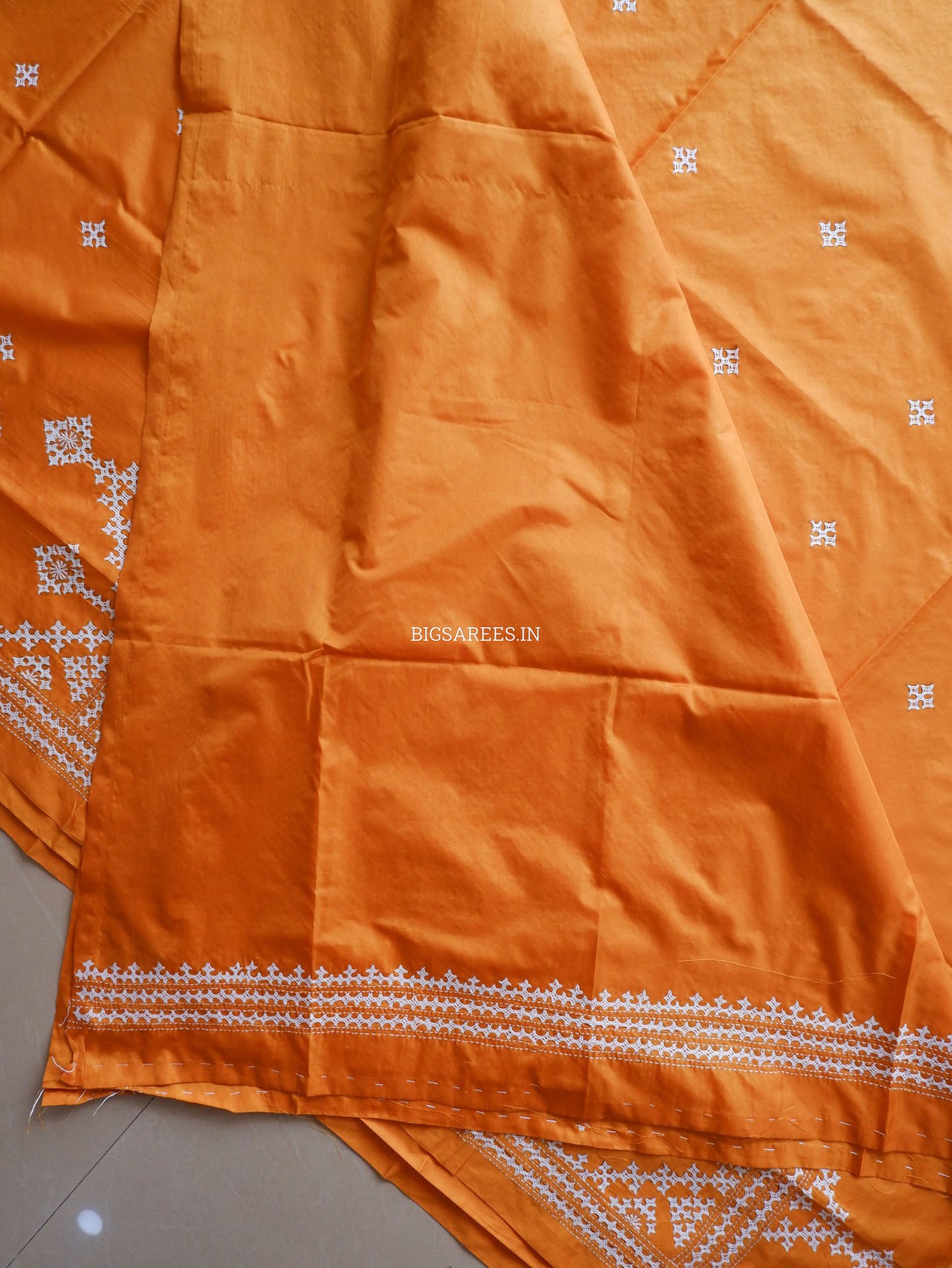 Kutchi/Gujarati Hand Embroidered Saree  | Blended Bangalore Silk / Art Silk | Orange