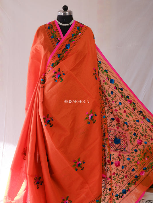 Phulkari Hand-Embroidered Saree | Chanderi Silk | Scarlet Rose