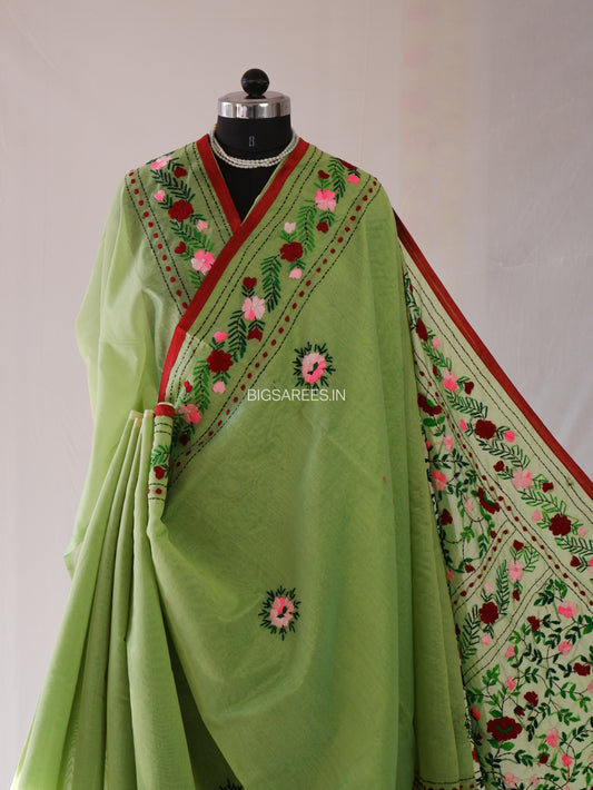 Phulkari Hand-Embroidered Saree | Chanderi Silk | Moss Green