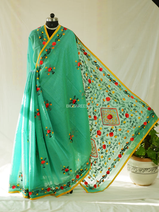 Phulkari Hand-Embroidered Saree | Chanderi Silk | Coral Green