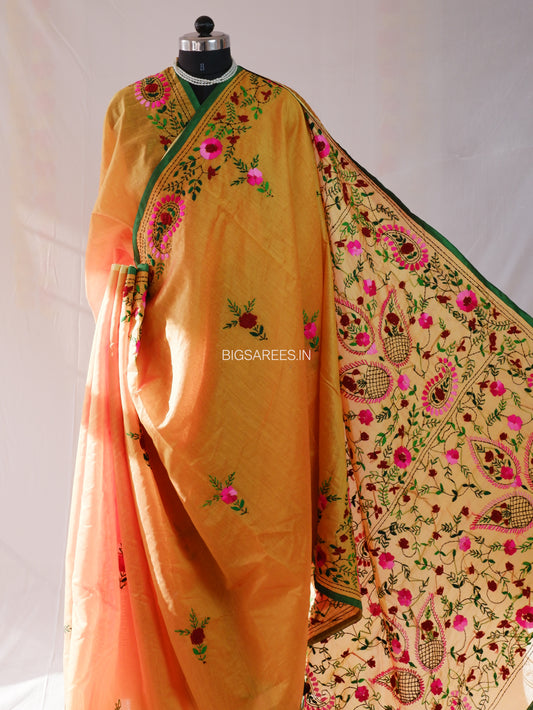 Phulkari Hand-Embroidered Saree | Chanderi Silk | Mud Yellow