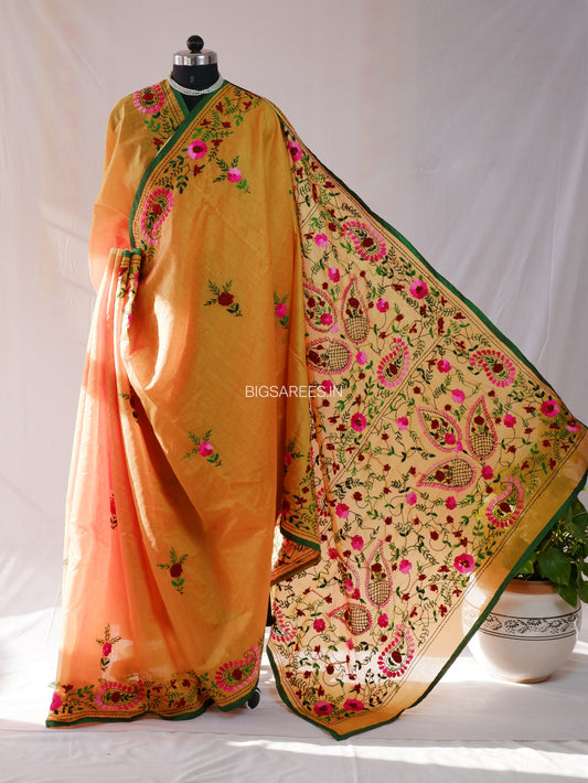 Phulkari Hand-Embroidered Saree | Chanderi Silk | Mud Yellow