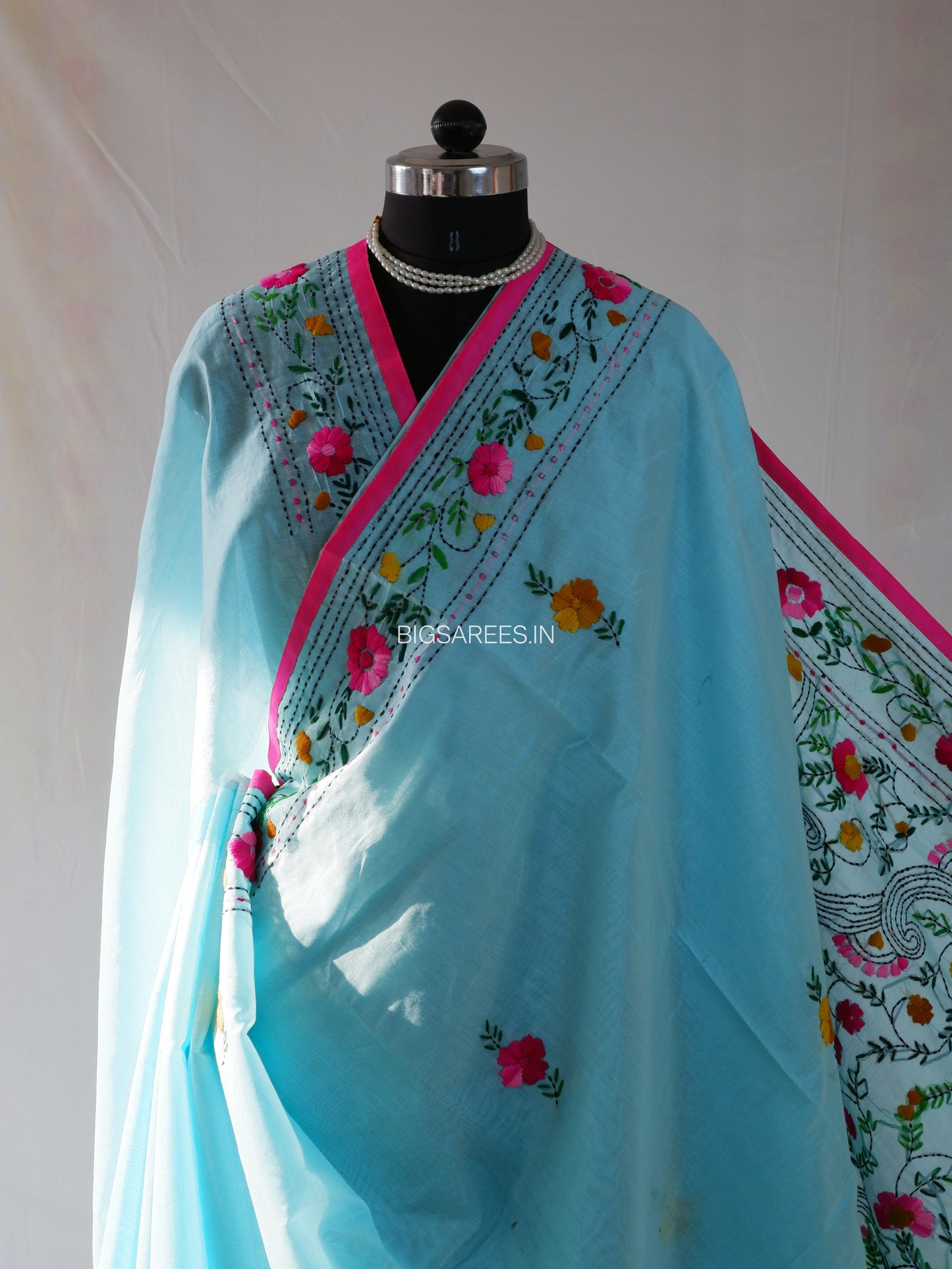 Phulkari Hand-Embroidered Saree | Chanderi Silk | Sky Blue