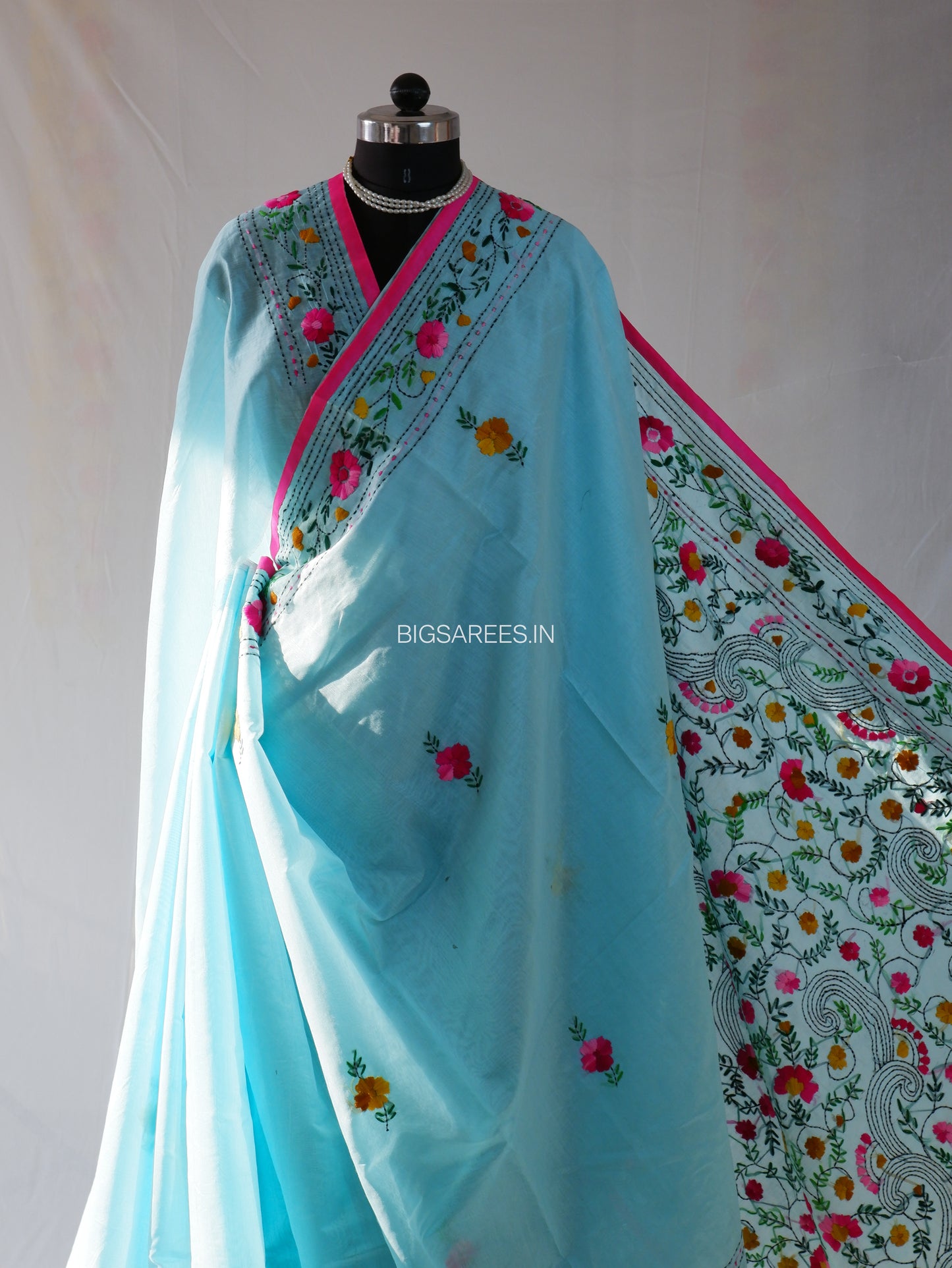 Phulkari Hand-Embroidered Saree | Chanderi Silk | Sky Blue