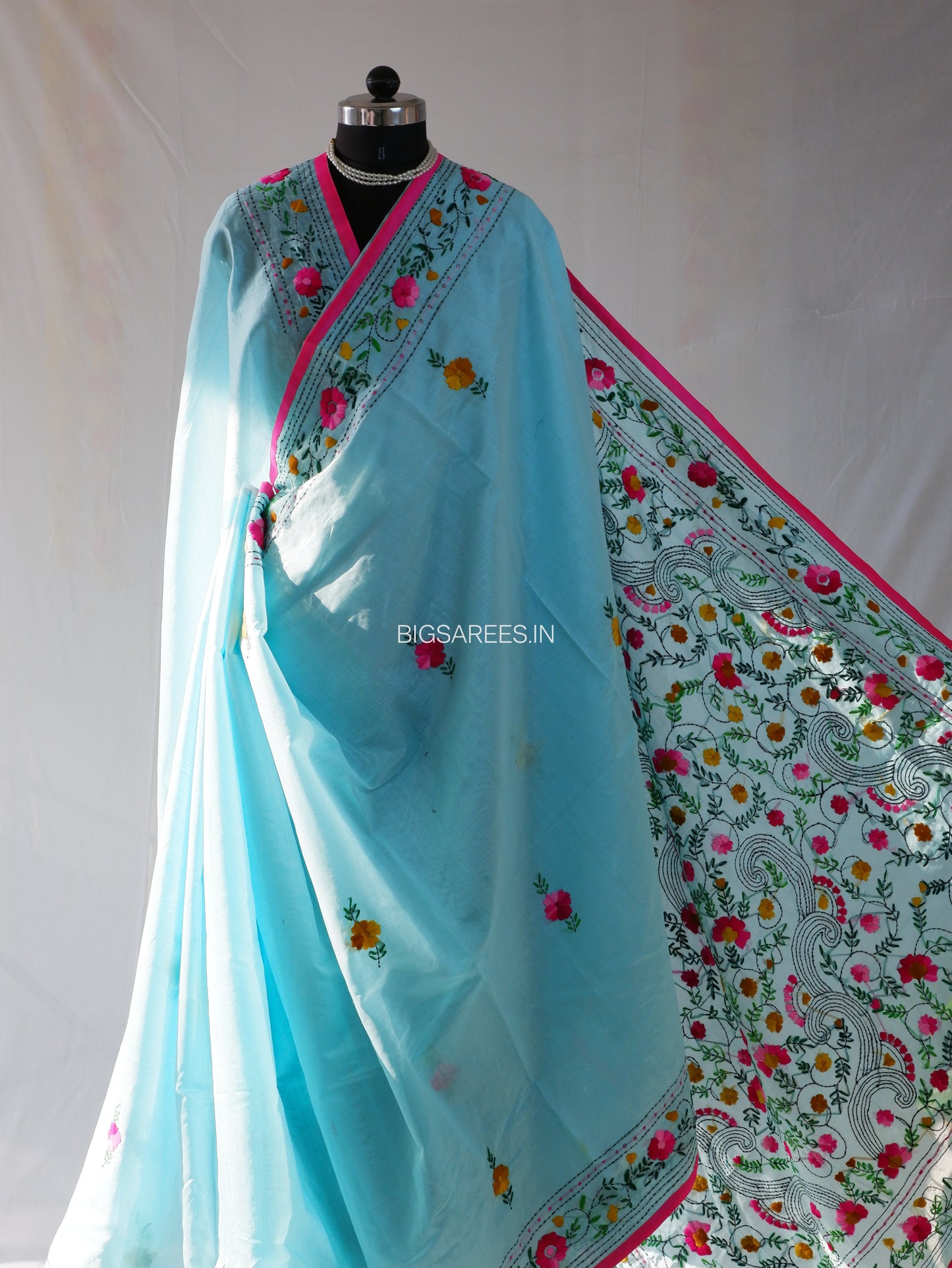Phulkari Hand-Embroidered Saree | Chanderi Silk | Sky Blue