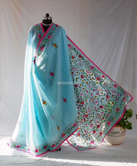 Phulkari Hand-Embroidered Saree | Chanderi Silk | Sky Blue