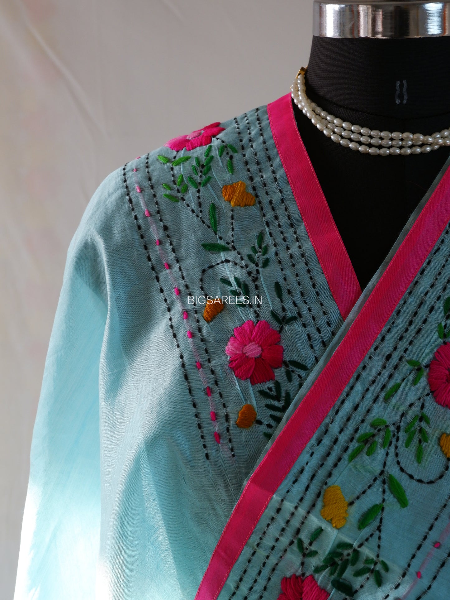 Phulkari Hand-Embroidered Saree | Chanderi Silk | Sky Blue