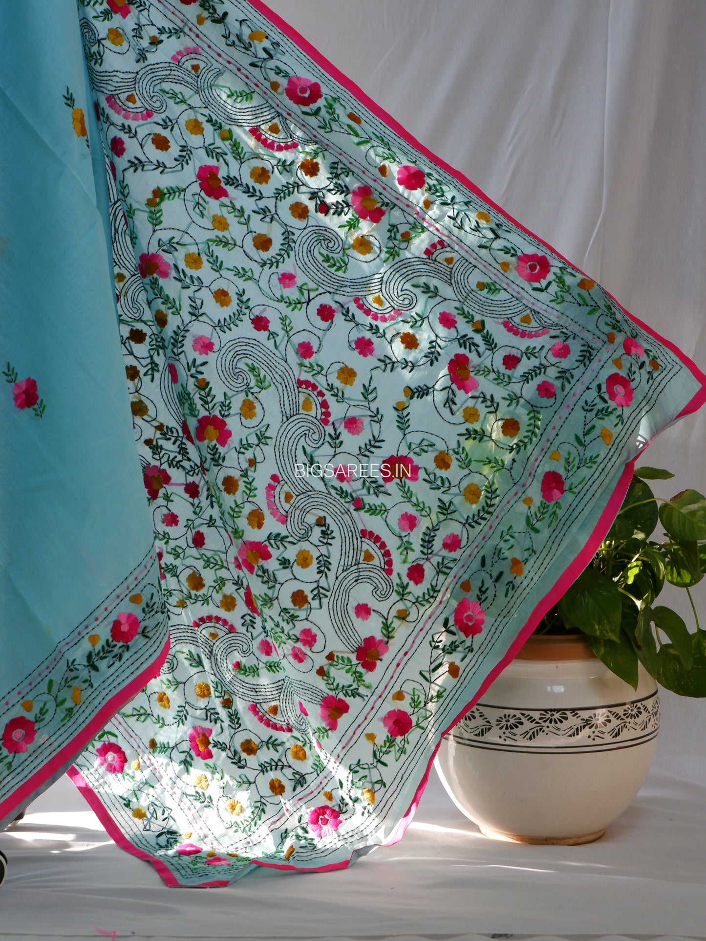 Phulkari Hand-Embroidered Saree | Chanderi Silk | Sky Blue