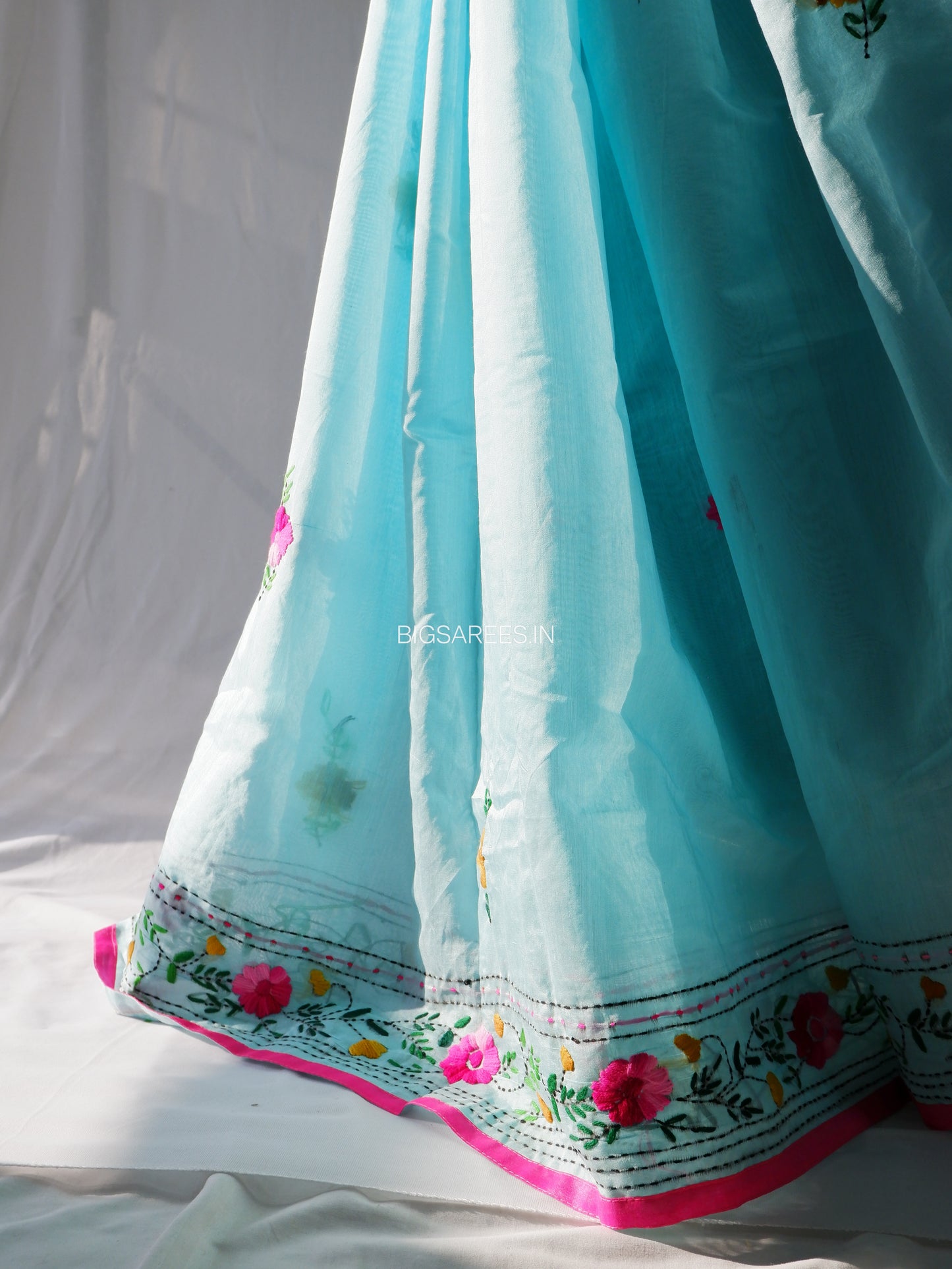 Phulkari Hand-Embroidered Saree | Chanderi Silk | Sky Blue