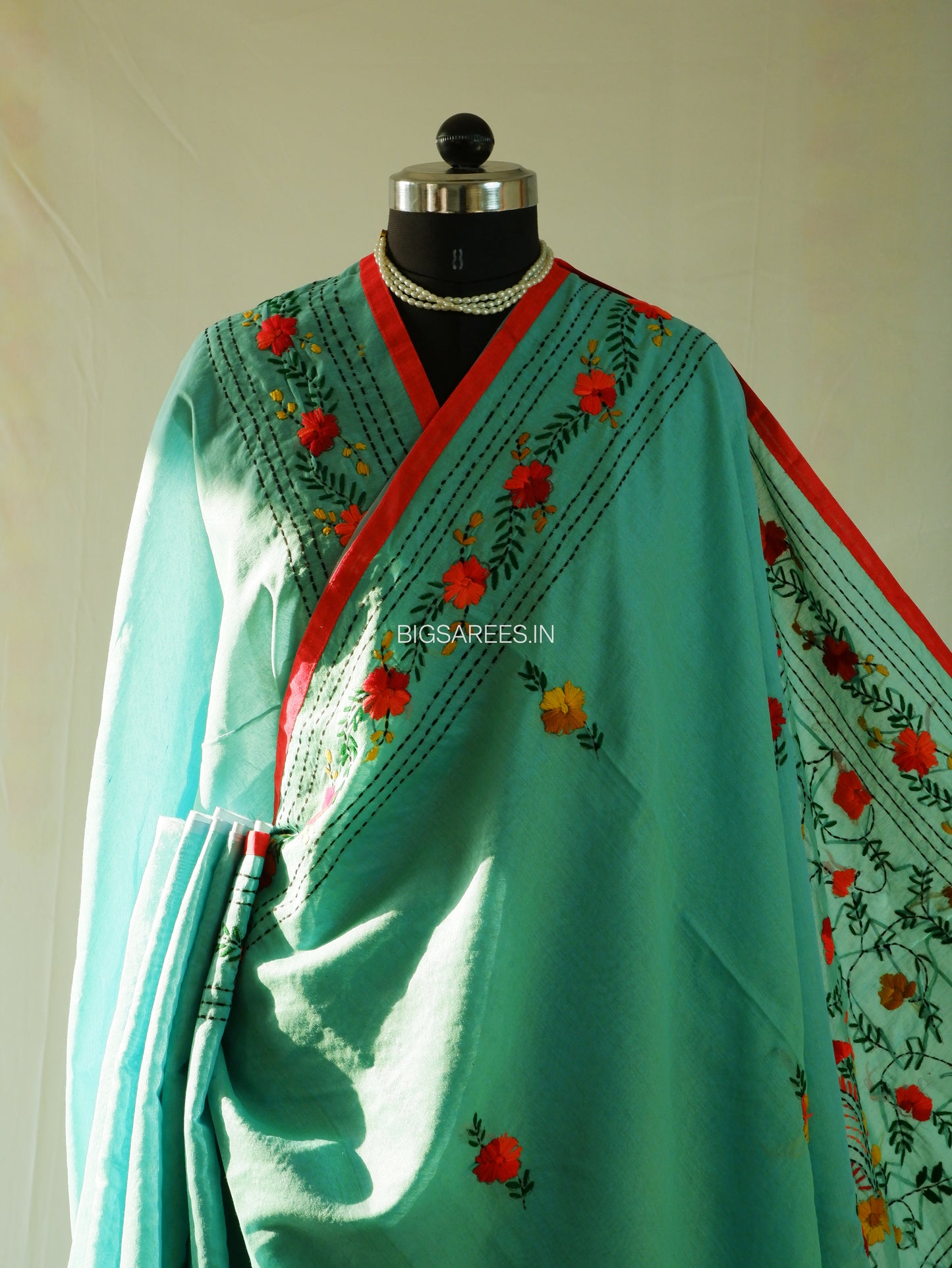 Phulkari Hand-Embroidered Saree | Chanderi Silk | Turquoise