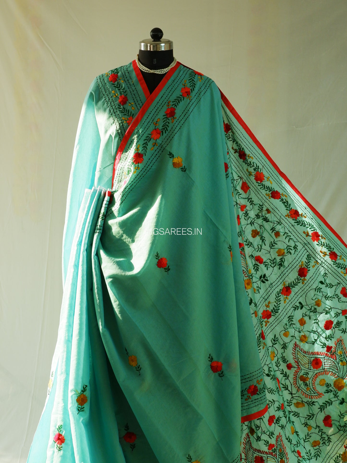 Phulkari Hand-Embroidered Saree | Chanderi Silk | Turquoise