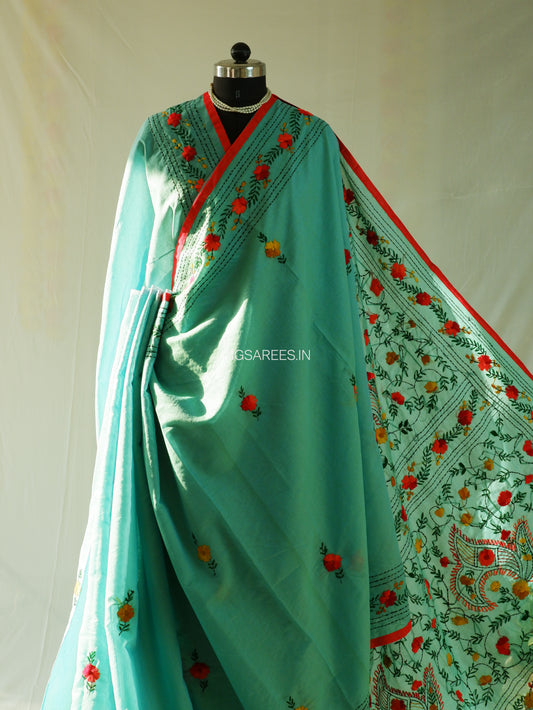 Phulkari Hand-Embroidered Saree | Chanderi Silk | Turquoise