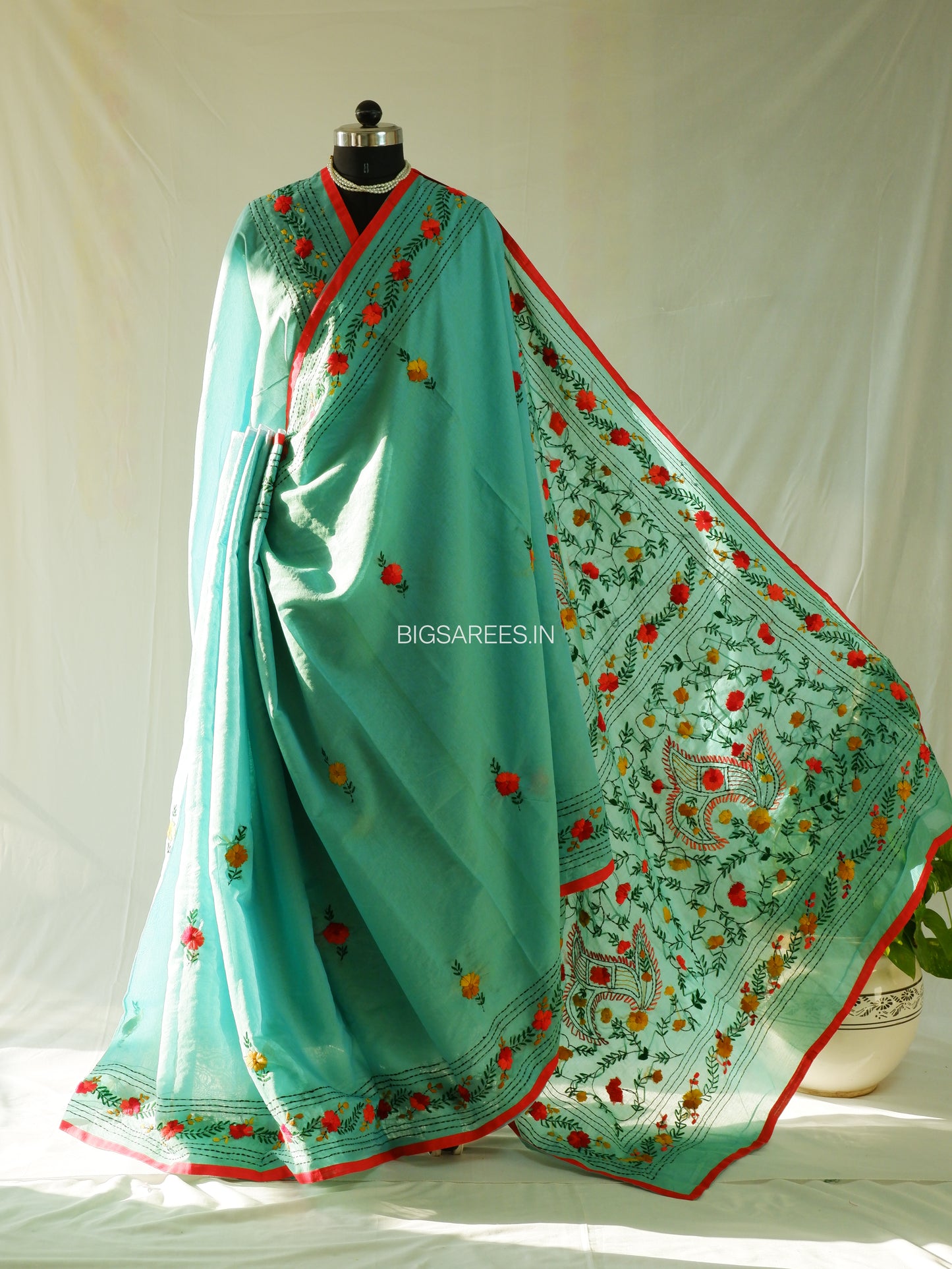 Phulkari Hand-Embroidered Saree | Chanderi Silk | Turquoise