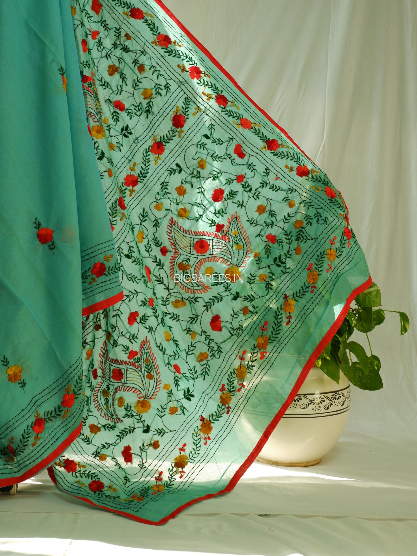 Phulkari Hand-Embroidered Saree | Chanderi Silk | Turquoise
