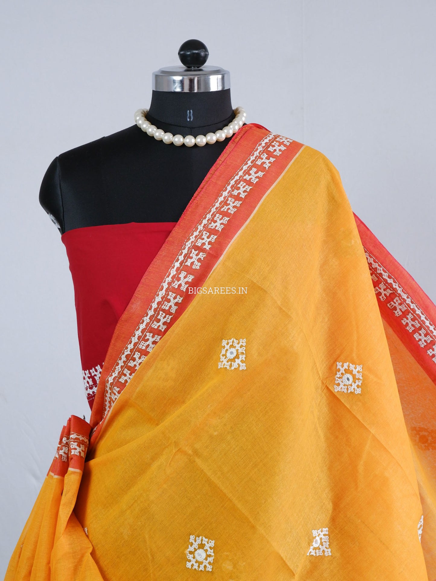 Kutchi Hand-Embroidered Saree with Blouse Piece | Dhonekhali Cotton | Orange