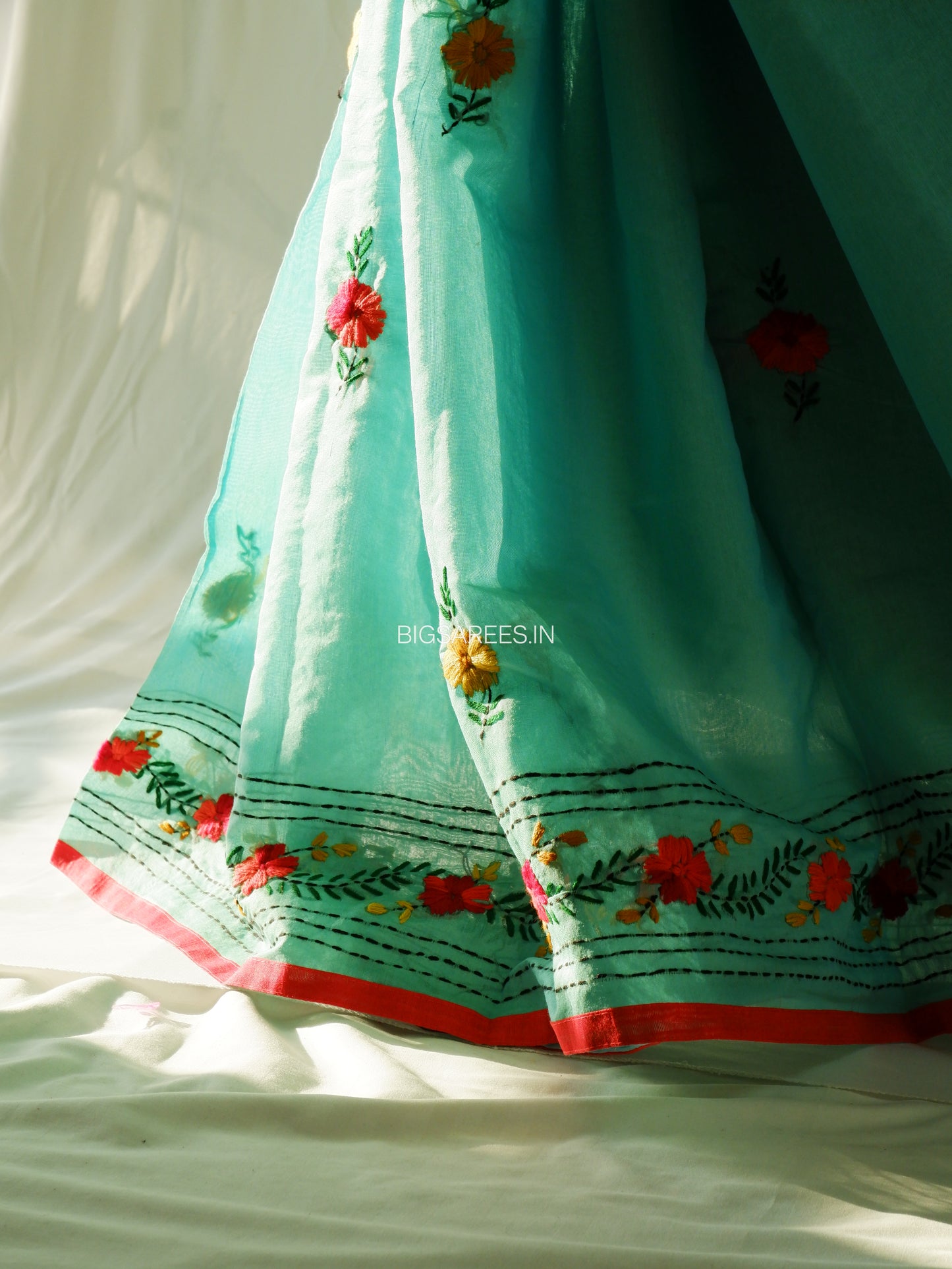 Phulkari Hand-Embroidered Saree | Chanderi Silk | Turquoise