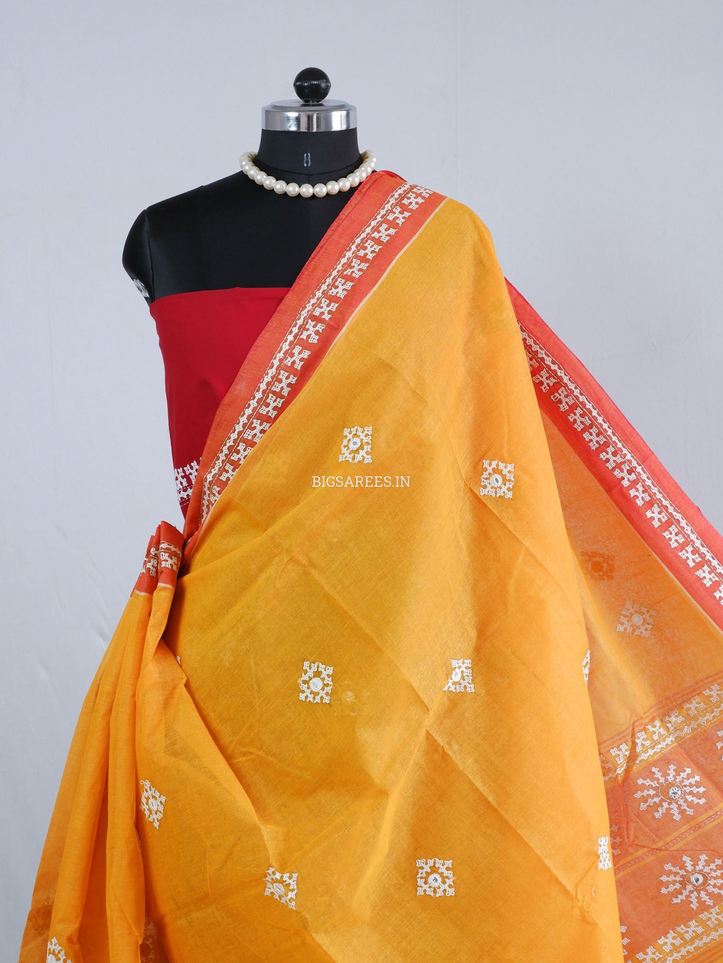 Kutchi Hand-Embroidered Saree with Blouse Piece | Dhonekhali Cotton | Orange