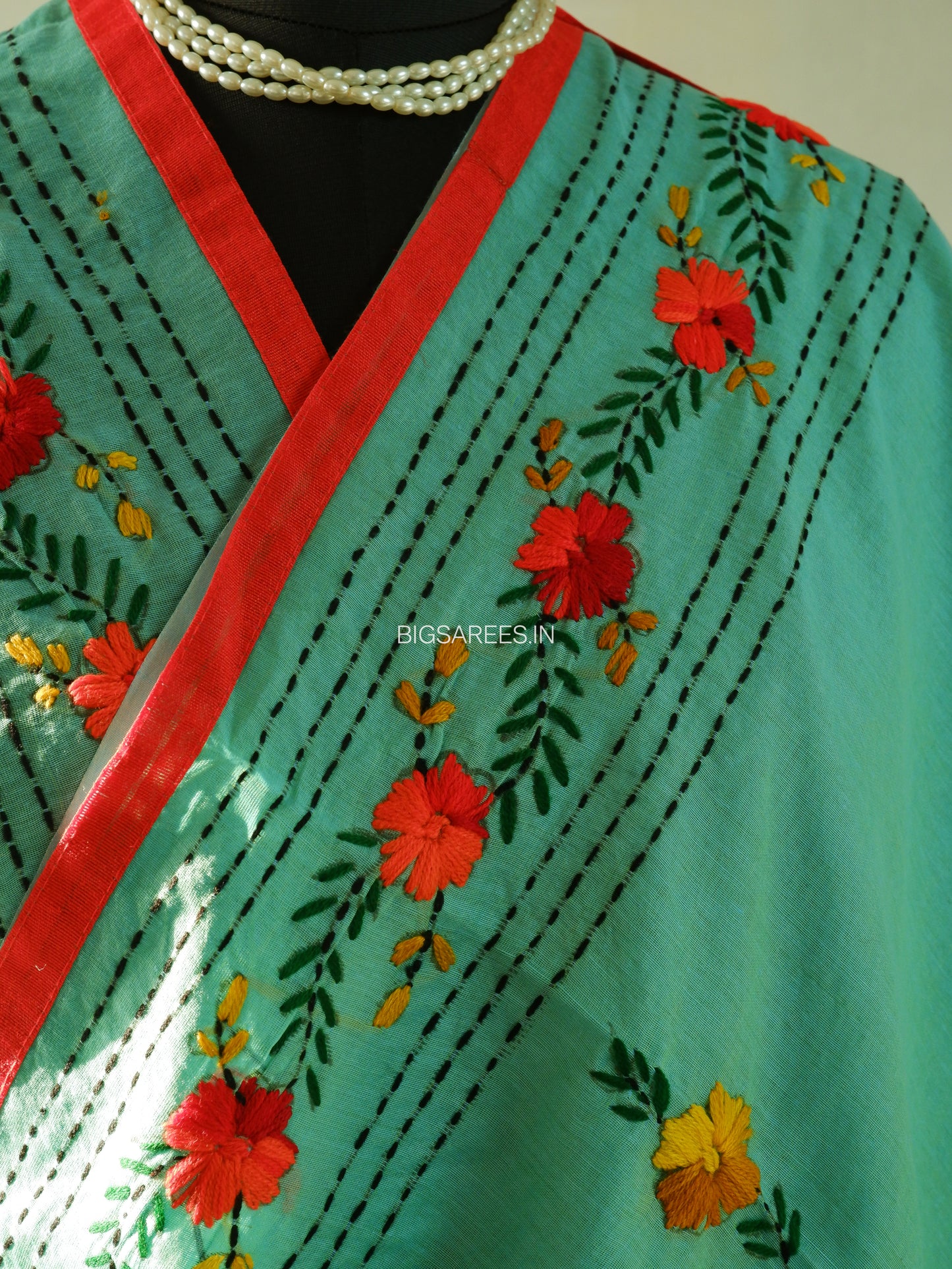 Phulkari Hand-Embroidered Saree | Chanderi Silk | Turquoise