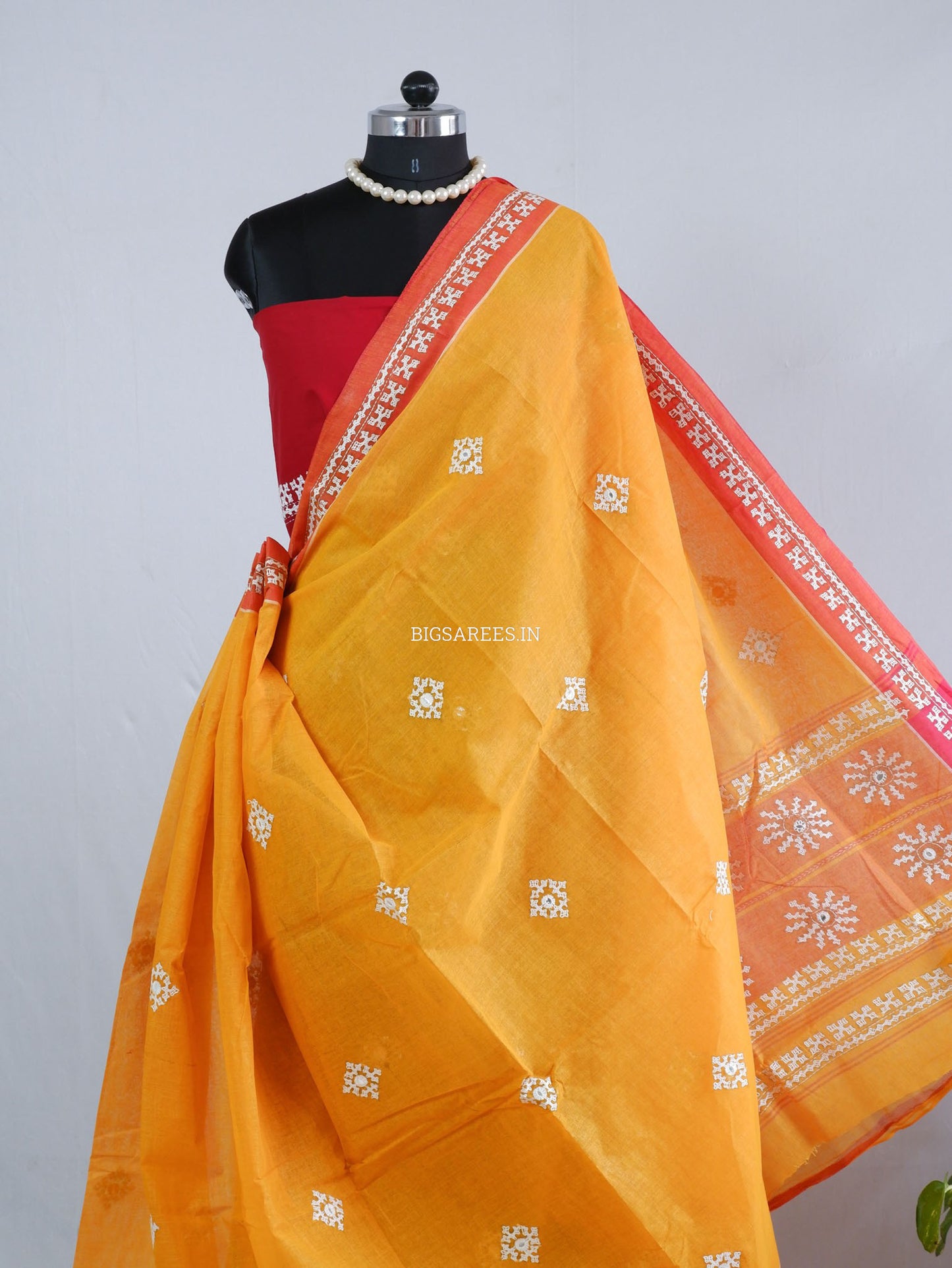 Kutchi Hand-Embroidered Saree with Blouse Piece | Dhonekhali Cotton | Orange