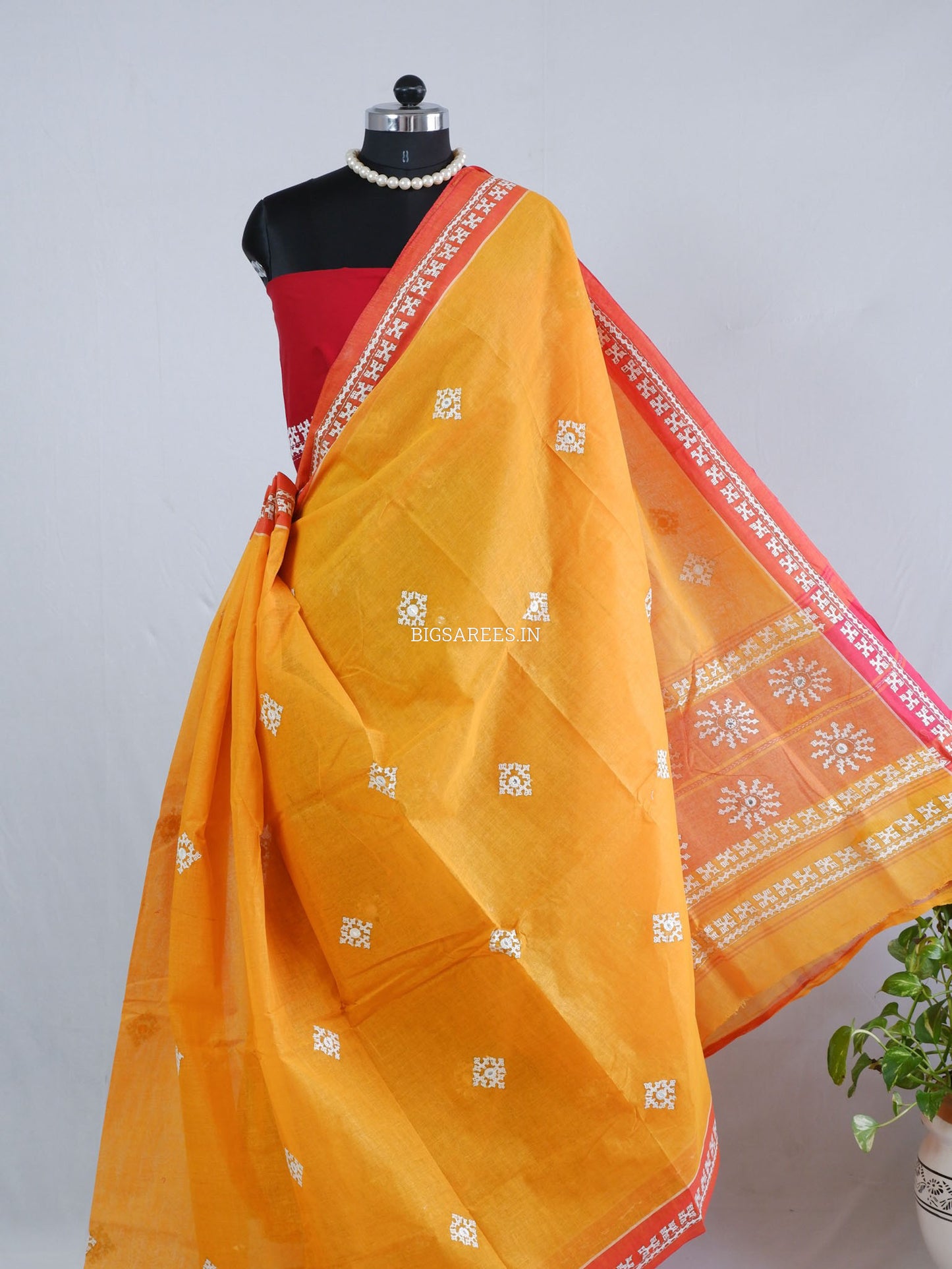 Kutchi Hand-Embroidered Saree with Blouse Piece | Dhonekhali Cotton | Orange
