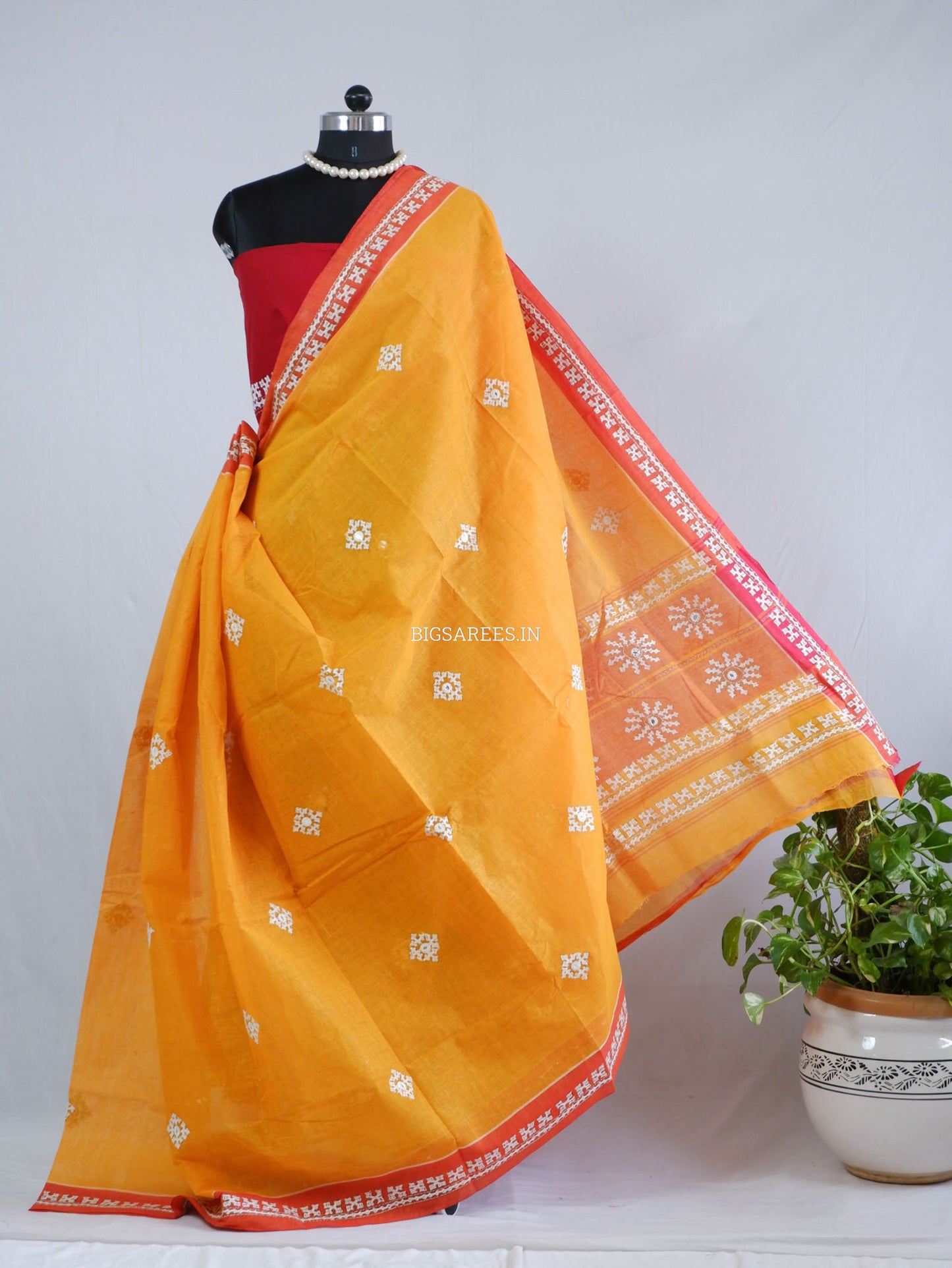 Kutchi Hand-Embroidered Saree with Blouse Piece | Dhonekhali Cotton | Orange