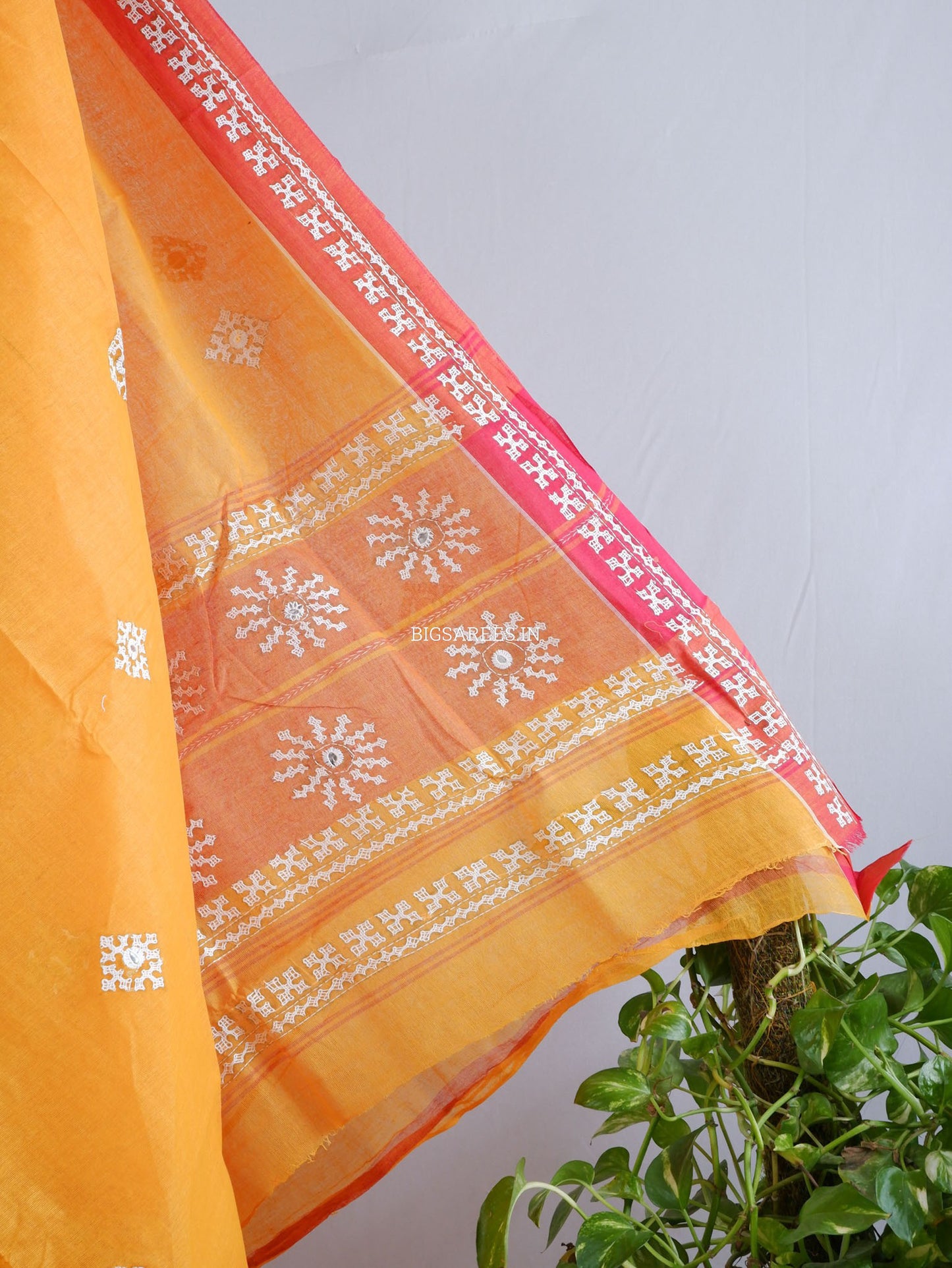 Kutchi Hand-Embroidered Saree with Blouse Piece | Dhonekhali Cotton | Orange