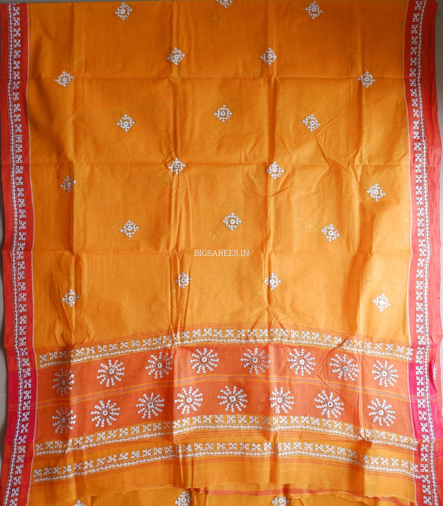 Kutchi Hand-Embroidered Saree with Blouse Piece | Dhonekhali Cotton | Orange