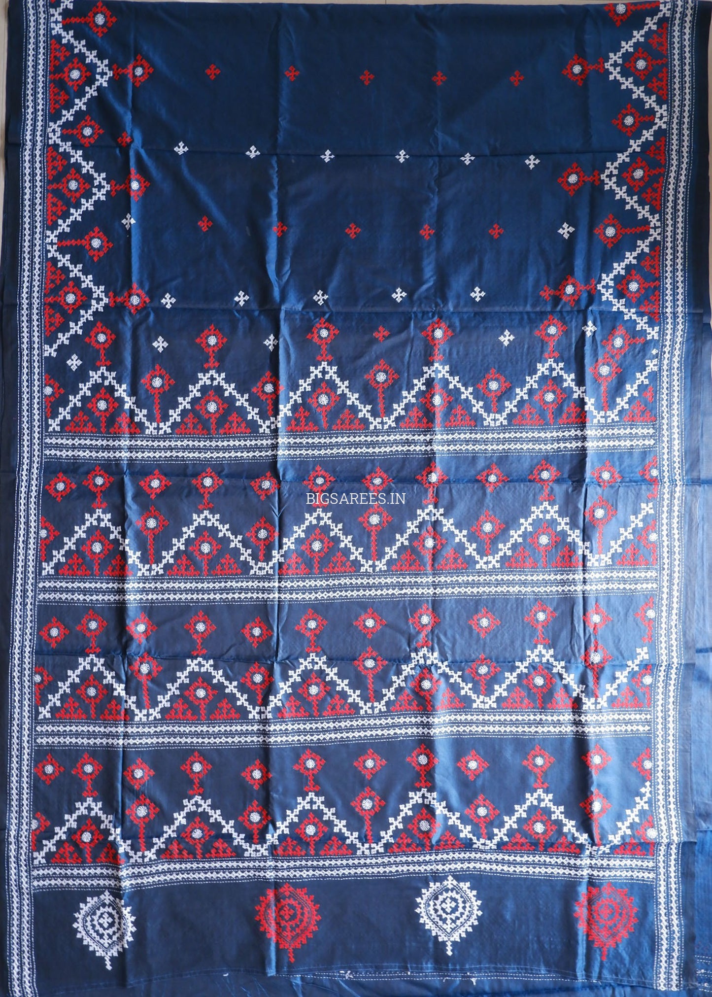Kutchi/Gujarati Hand Embroidered Saree  | Blended Bangalore Silk / Art Silk | Cerulean Blue