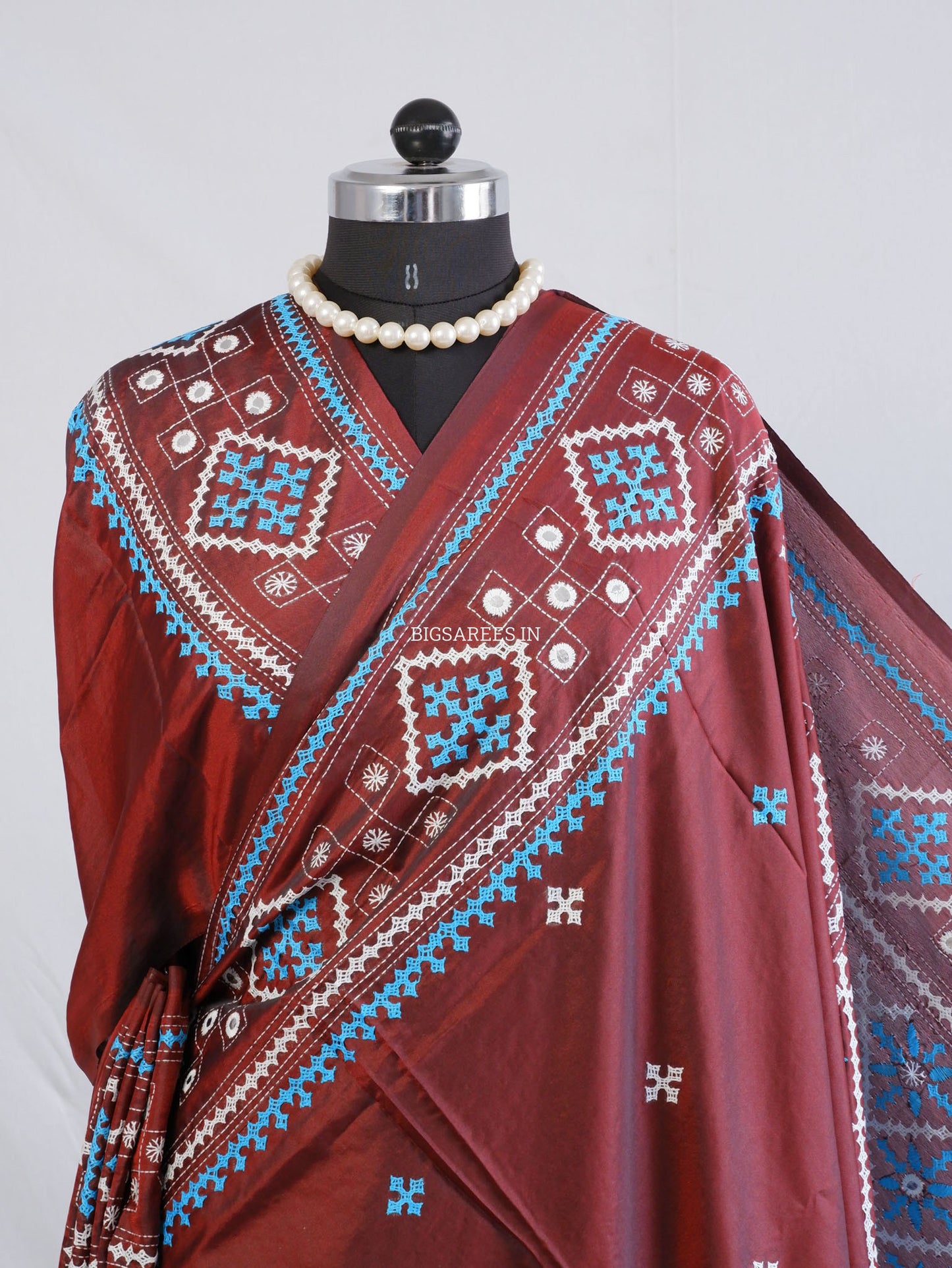 Kutchi/Gujarati Hand Embroidered Saree  | Blended Bangalore Silk / Art Silk | Maroon