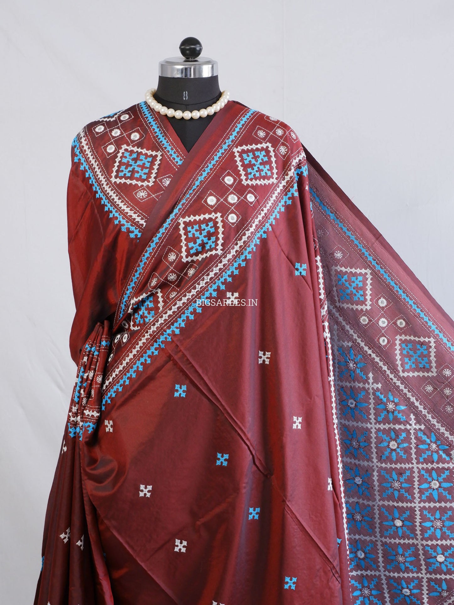 Kutchi/Gujarati Hand Embroidered Saree  | Blended Bangalore Silk / Art Silk | Maroon