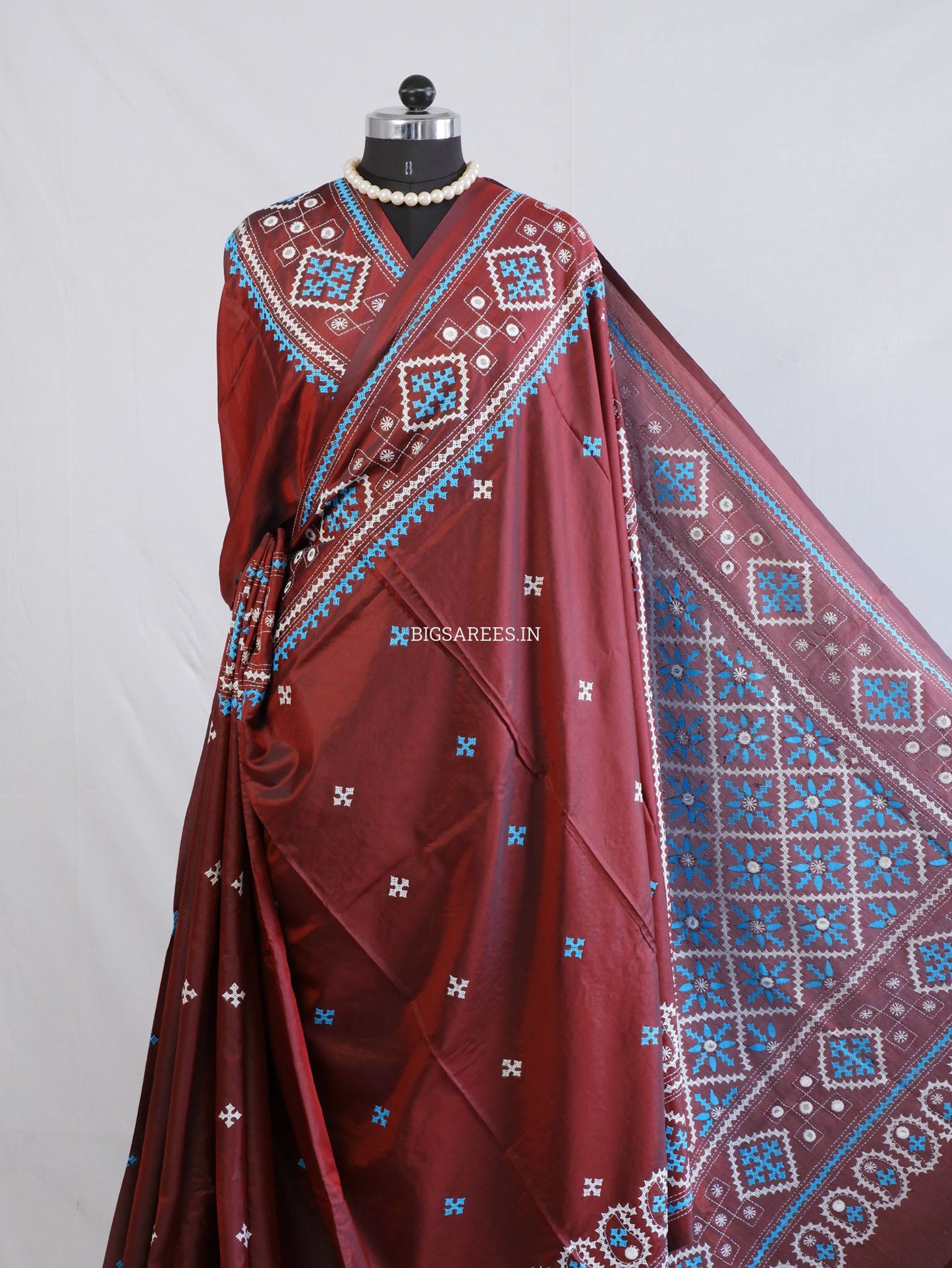 Kutchi/Gujarati Hand Embroidered Saree  | Blended Bangalore Silk / Art Silk | Maroon