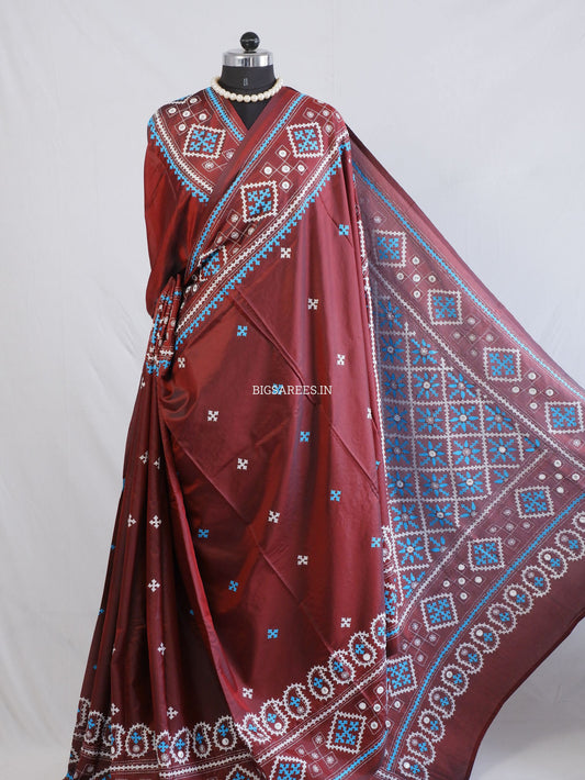 Kutchi/Gujarati Hand Embroidered Saree  | Blended Bangalore Silk / Art Silk | Maroon