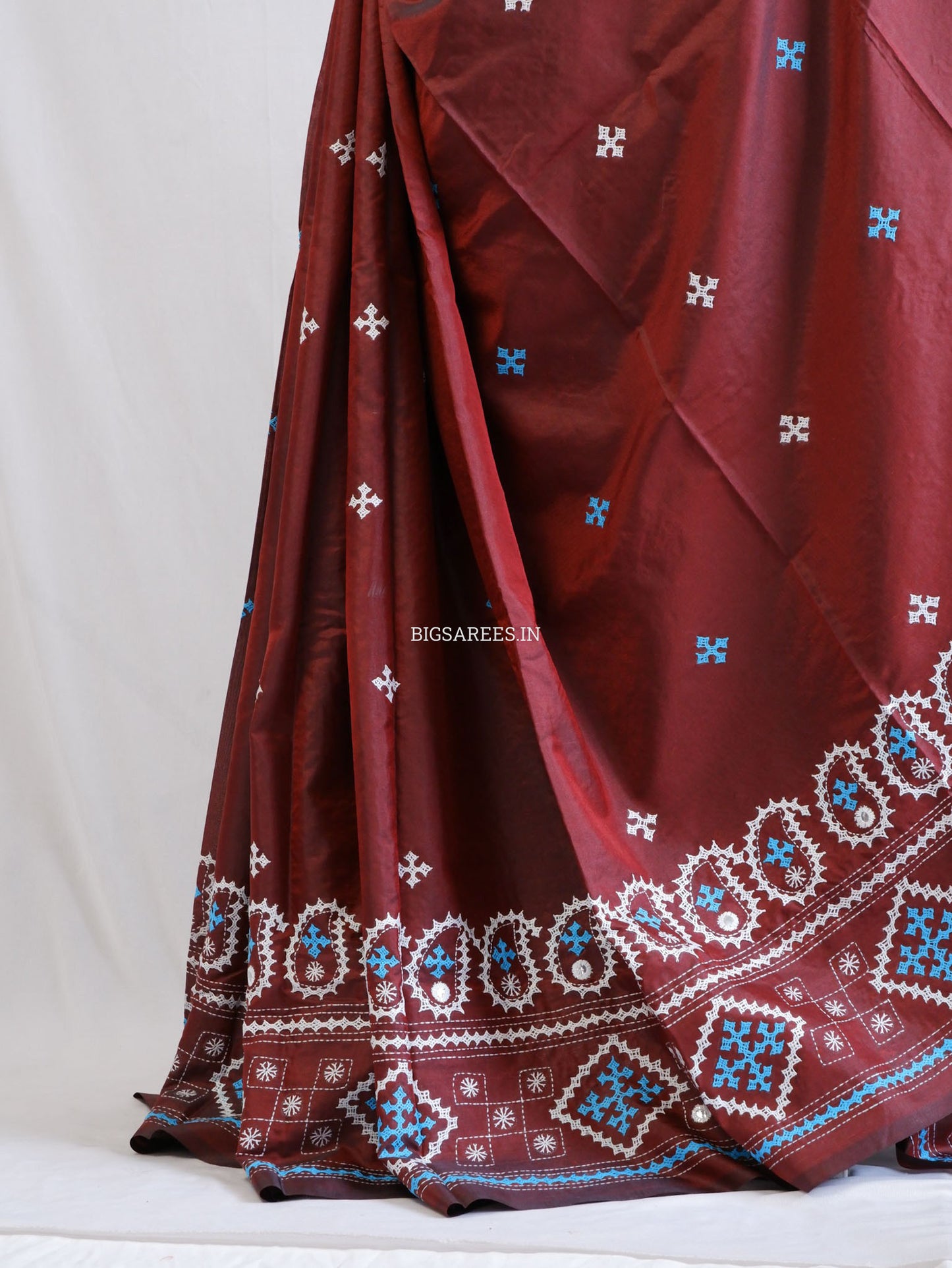 Kutchi/Gujarati Hand Embroidered Saree  | Blended Bangalore Silk / Art Silk | Maroon