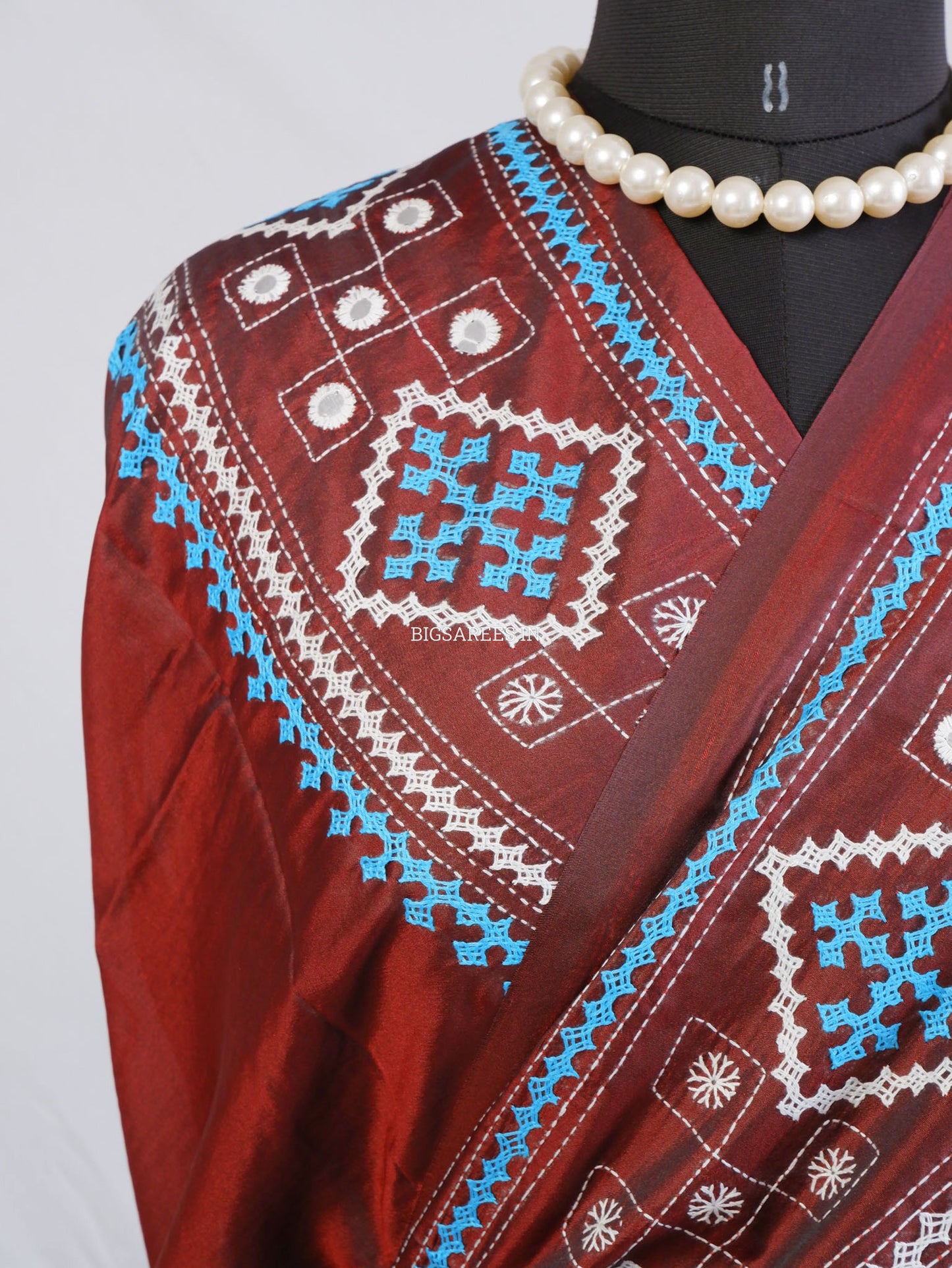 Kutchi/Gujarati Hand Embroidered Saree  | Blended Bangalore Silk / Art Silk | Maroon