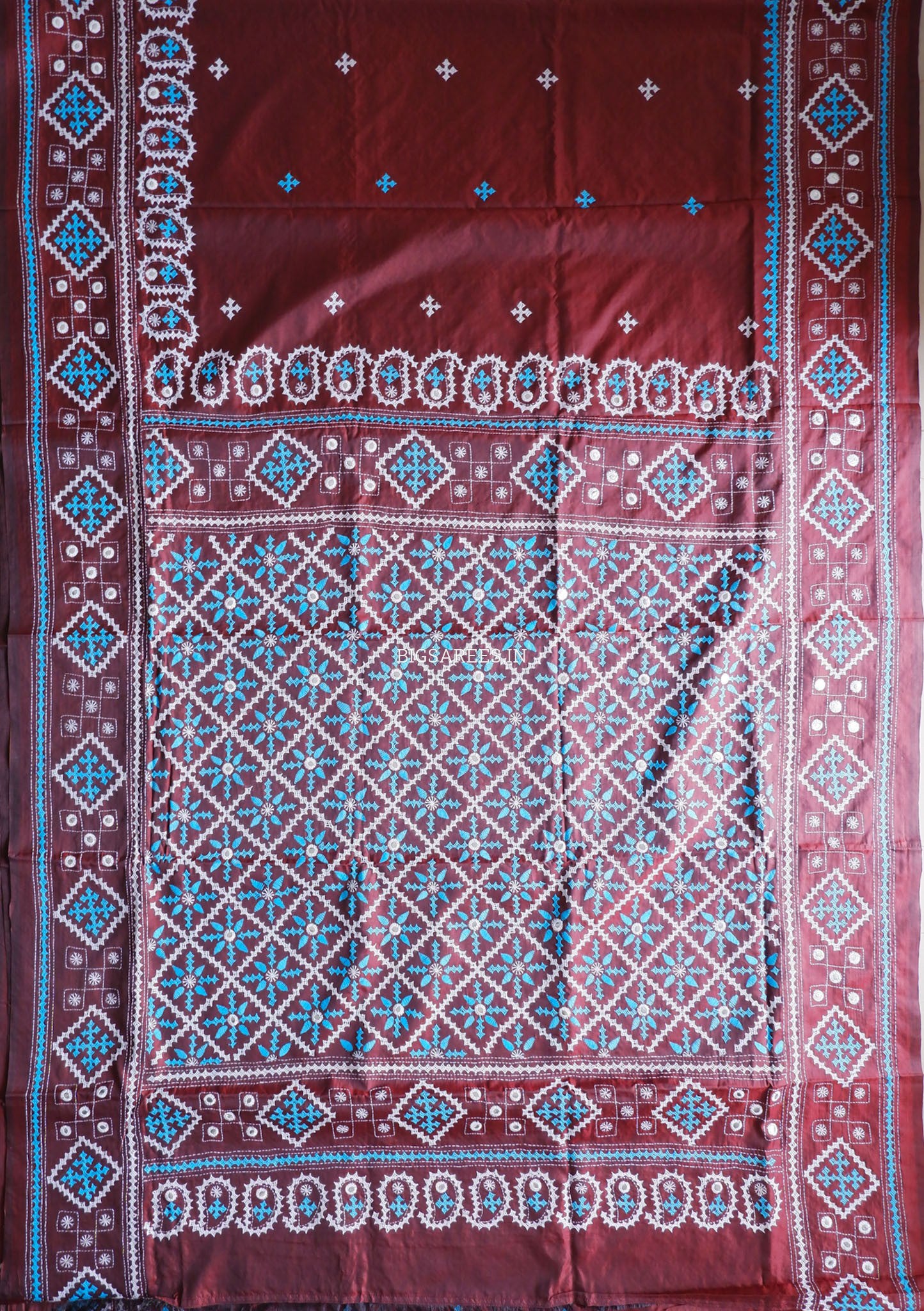 Kutchi/Gujarati Hand Embroidered Saree  | Blended Bangalore Silk / Art Silk | Maroon