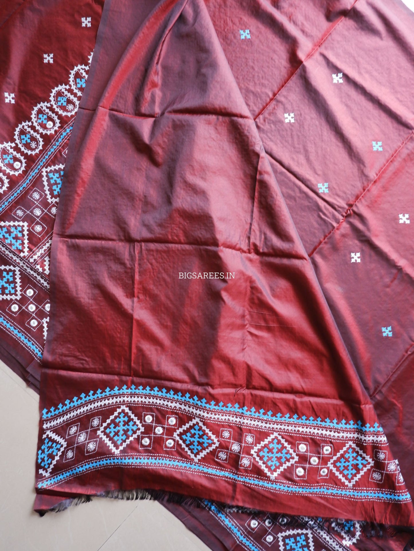 Kutchi/Gujarati Hand Embroidered Saree  | Blended Bangalore Silk / Art Silk | Maroon