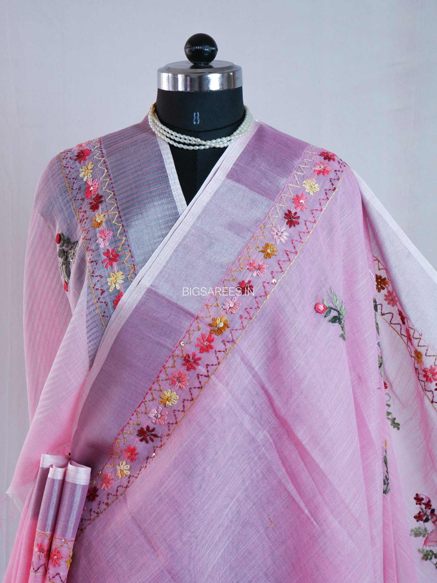 Bullion Knot Hand-Embroidered Saree | Cotton Linen | Pink