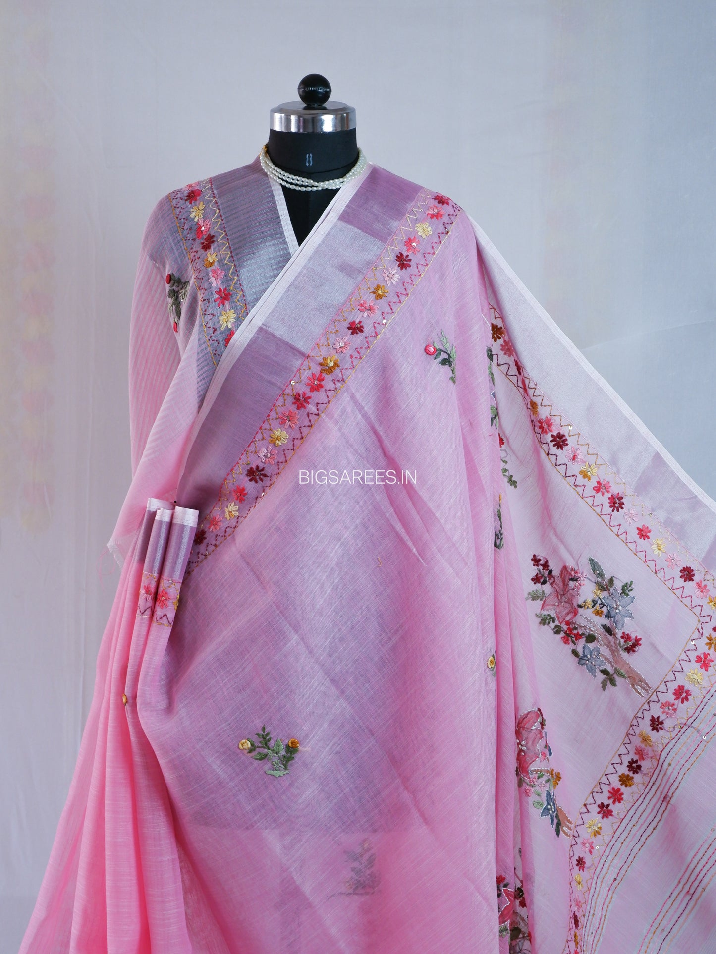 Bullion Knot Hand-Embroidered Saree | Cotton Linen | Pink