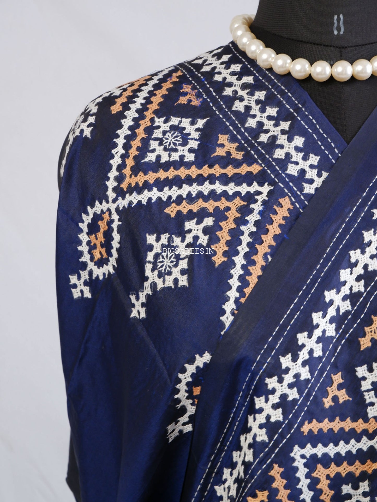 Kutchi/Gujarati Hand Embroidered Saree  | Blended Bangalore Silk / Art Silk | Dark Navy Blue