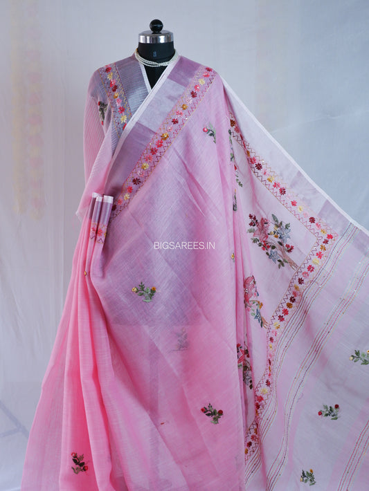 Bullion Knot Hand-Embroidered Saree | Cotton Linen | Pink